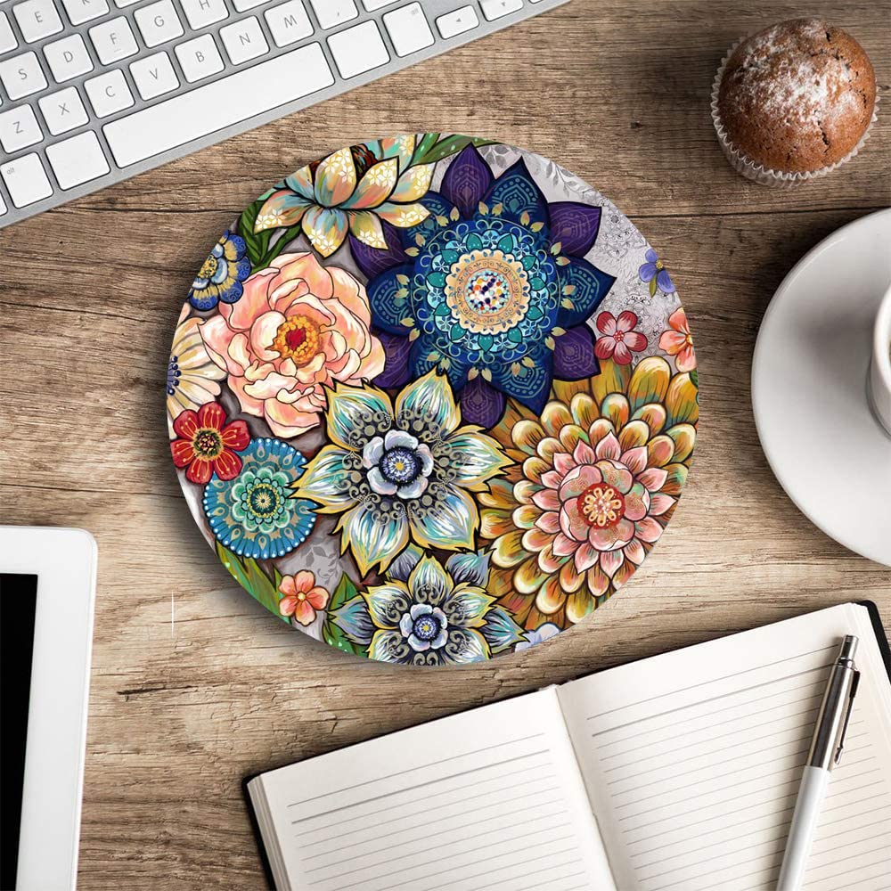 Boho Floral Round Mouse Pad - Non-Slip Rubber Base, Washable Lycra Cloth Computer Mouse Mat for Wireless Mouse - Perfect for Office, Gaming & Home Workspace Decor