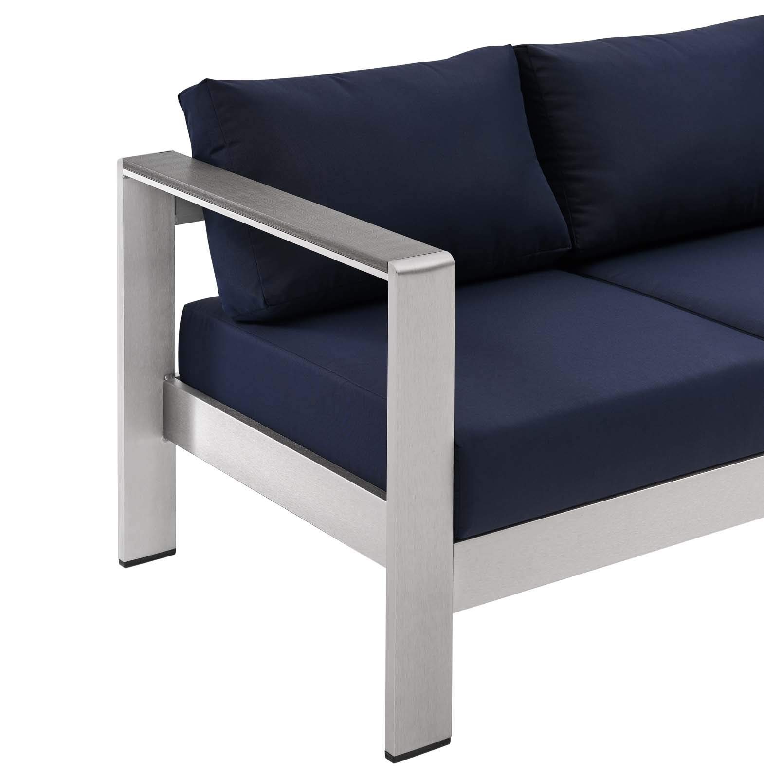 Modway Shore Aluminum Metal Outdoor Patio Sofa Set with Silver Navy All-Weather Cushions - Durable Weather-Resistant Furniture for Backyard, Garden & Poolside Relaxation
