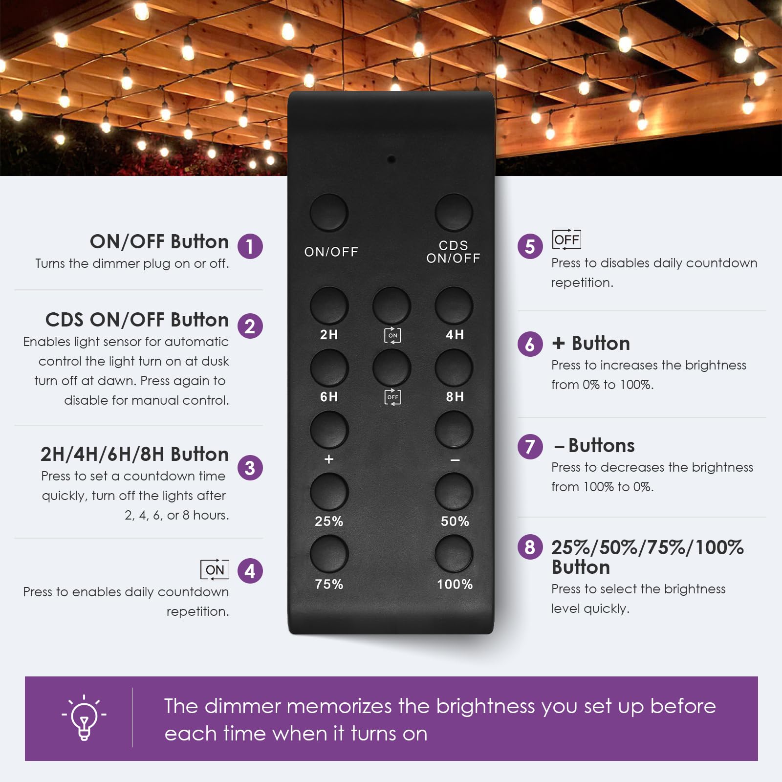 2 in 1 Outdoor Timer Outlet - Waterproof & Dimmable for String Lights, 100FT Remote Control, Dusk to Dawn Light Timer (TE-HT02) - Perfect for Patio, Garden, and Holiday Decorations