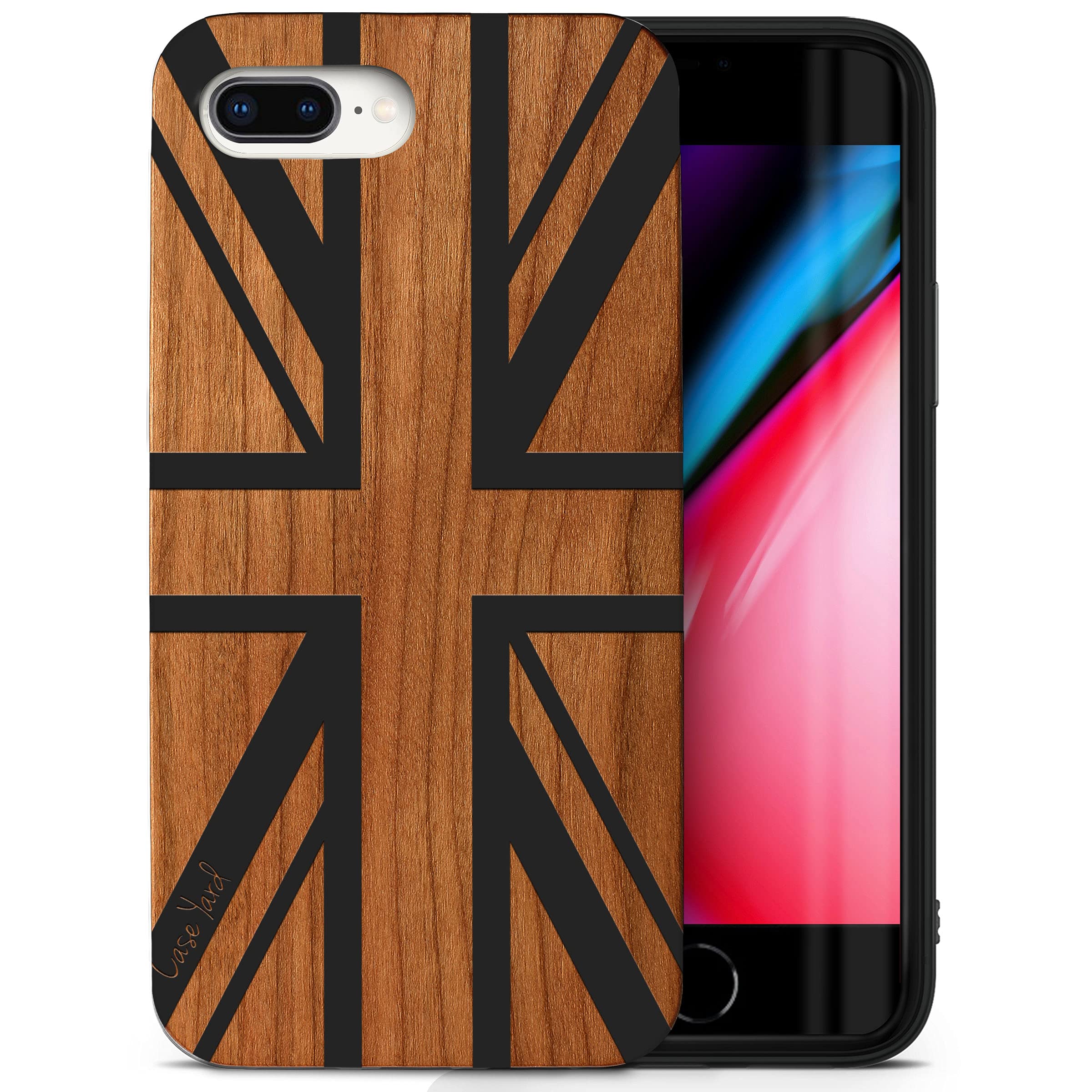 CaseYard Wooden Phone Case for iPhone 8 Plus - Laser Engraved Union Jack Design, Black Wood Protective Cover | Slim Fit, Shockproof Case for Men & Women | Perfect for Travel, Work & Everyday Use