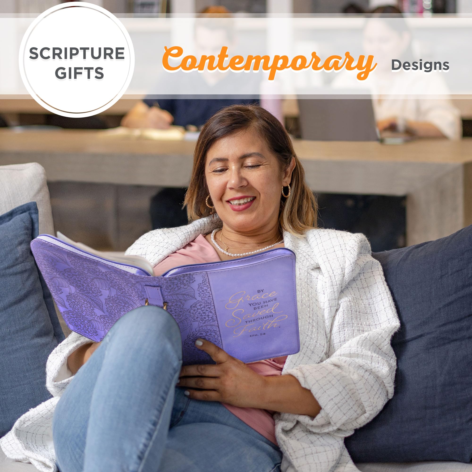 Women's Faux Leather Bible Cover - Ephesians 2:8 Inspirational Verse, Hydrangea Purple for Church & Daily Use