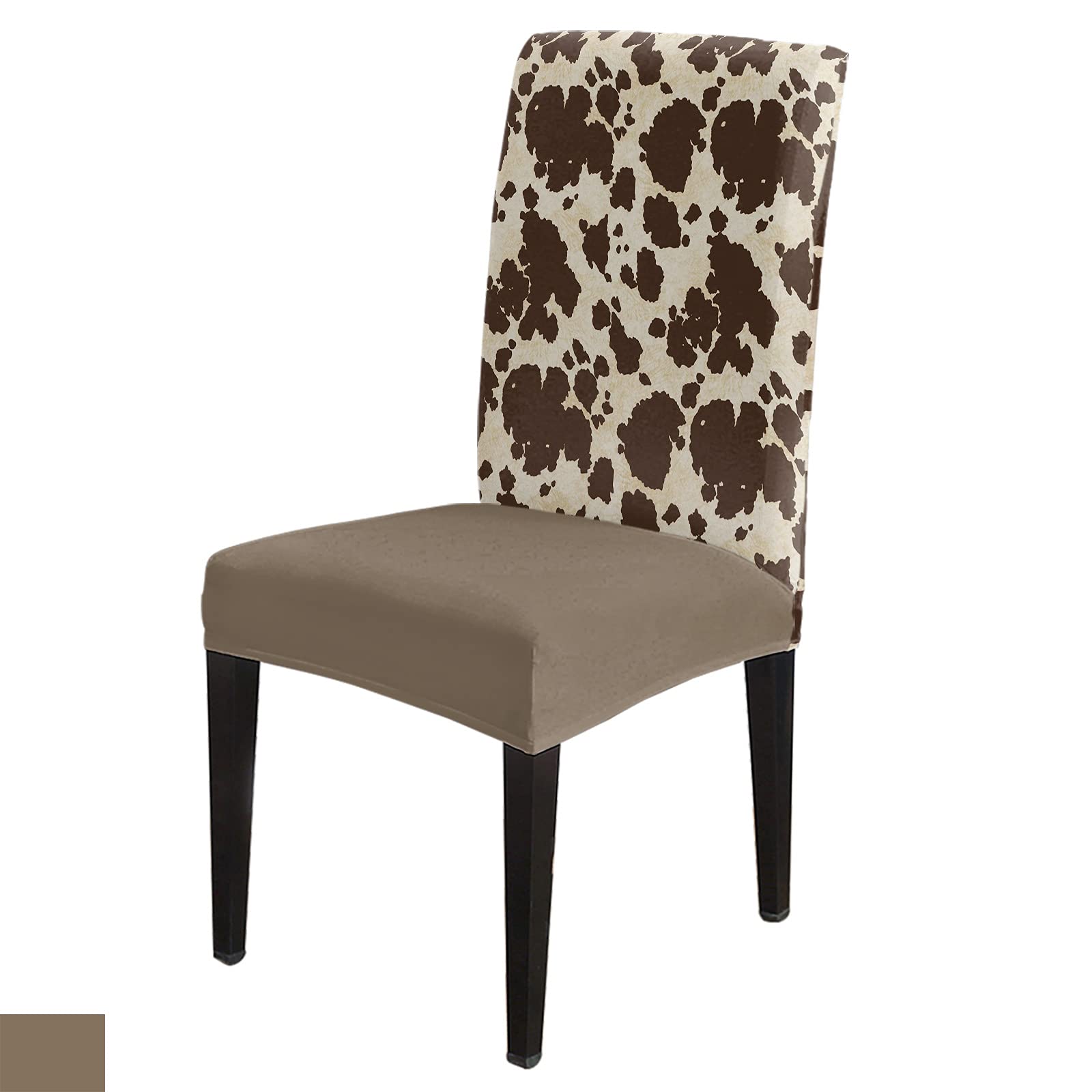 Stretchable Cow Print Dining Chair Covers - Washable & Removable Beige Brown Slipcovers for Kitchen, Wedding, Ceremony (Set of 6) | Perfect for Home Decor, Farmhouse Style & Rustic Themed Events