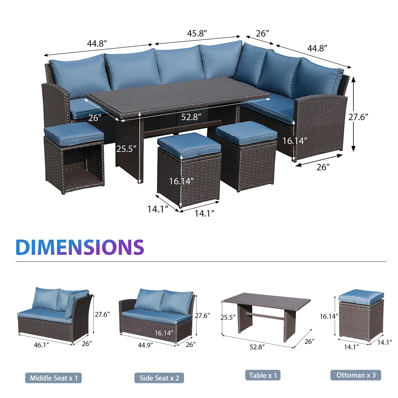 COBANA 7-Piece All-Weather Wicker Patio Furniture Set - Outdoor Sectional Sofa with Dining Table & Chairs - Aegean Blue - Perfect for Backyard, Garden, Poolside & Patio Relaxation