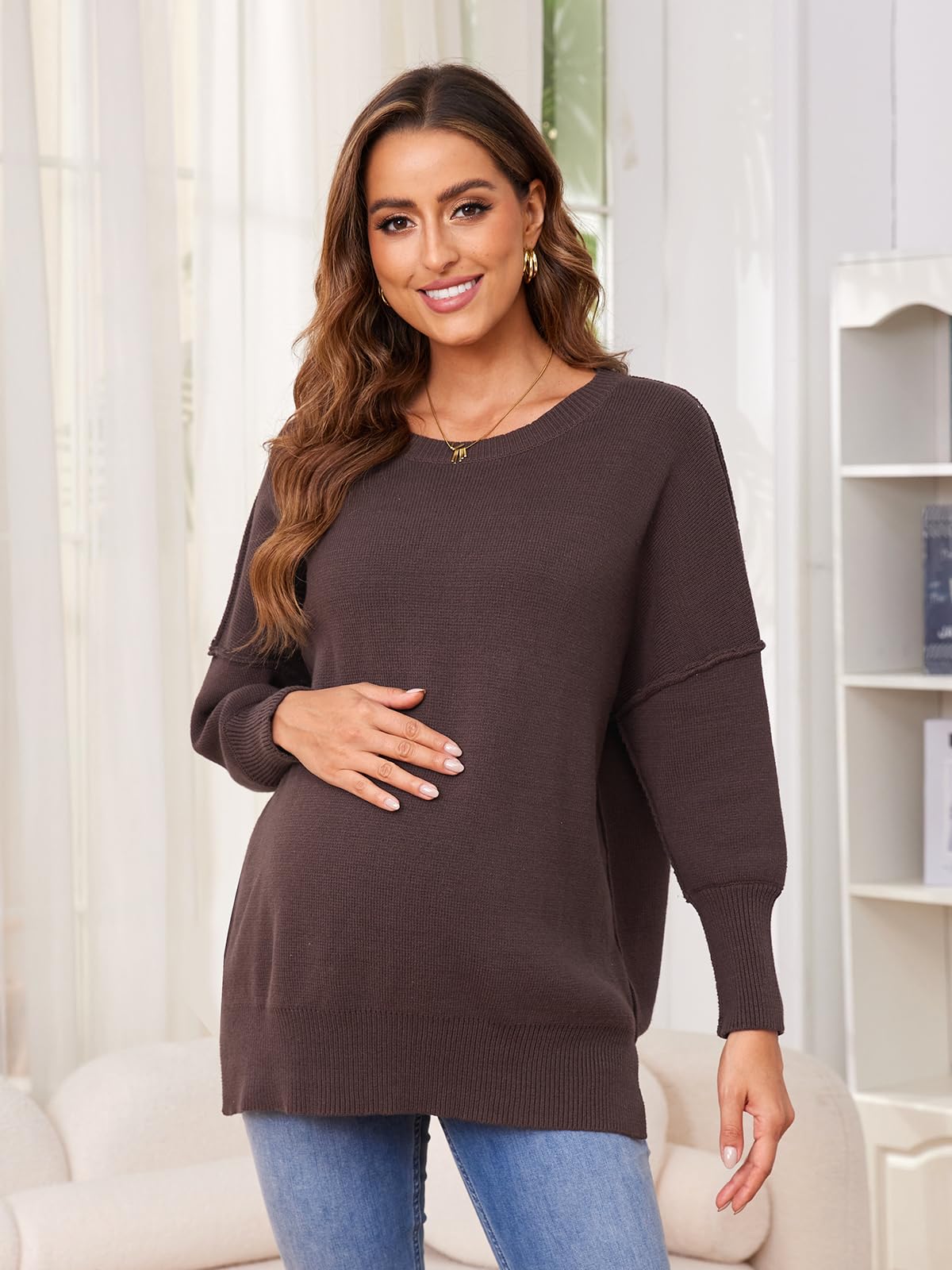 Liu & Qu Women's Maternity Oversized Sweater T-Shirt - Fall Crewneck Batwing Long Sleeve Pullover Pregnancy Top for Comfort & Style | Perfect for Casual Wear, Pregnancy Photos & Cozy Autumn Days