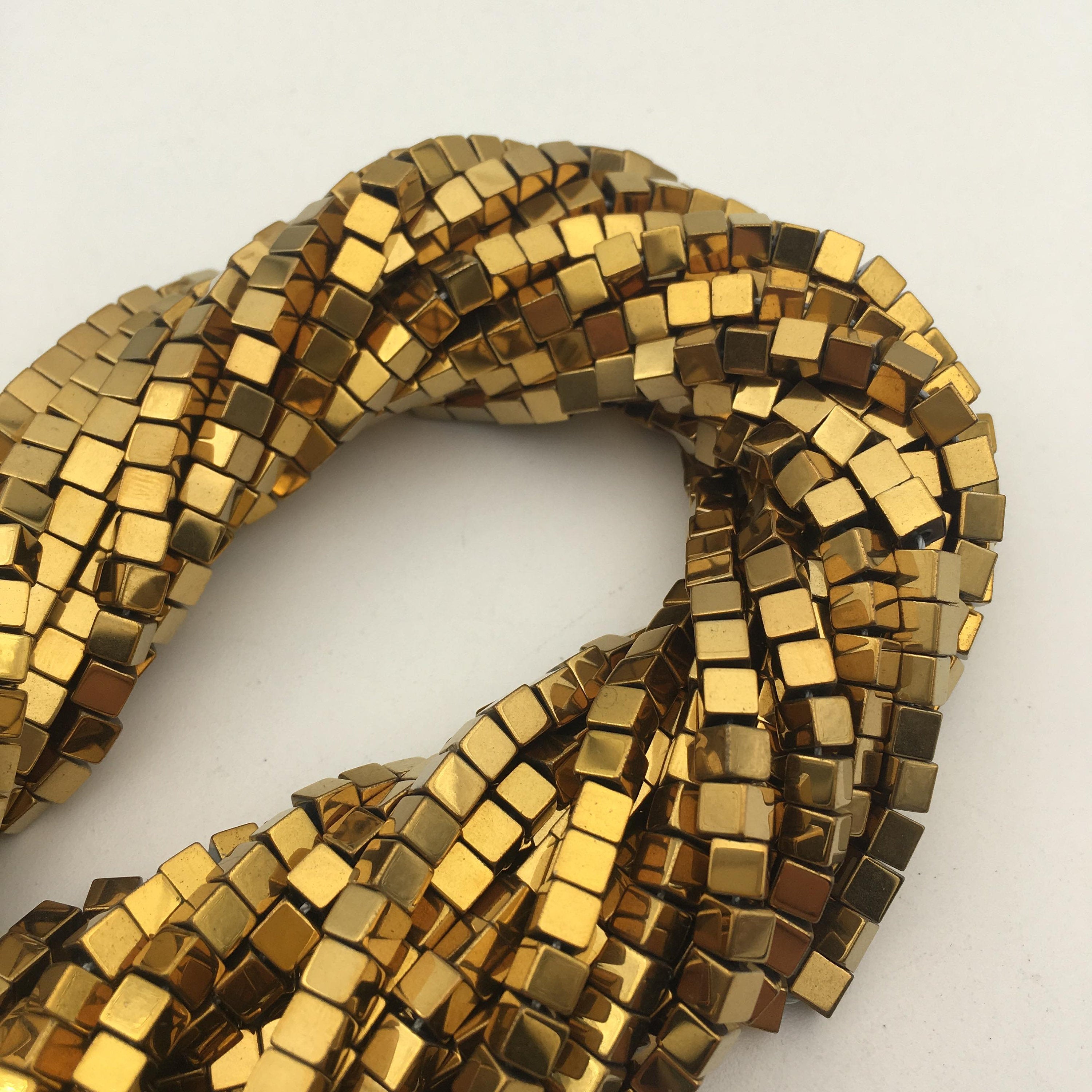 Gold Plated Hematite Smooth Cube Beads 4x4mm 15.5 Inch Strand - Perfect for Jewelry Making, DIY Bracelets & Necklaces