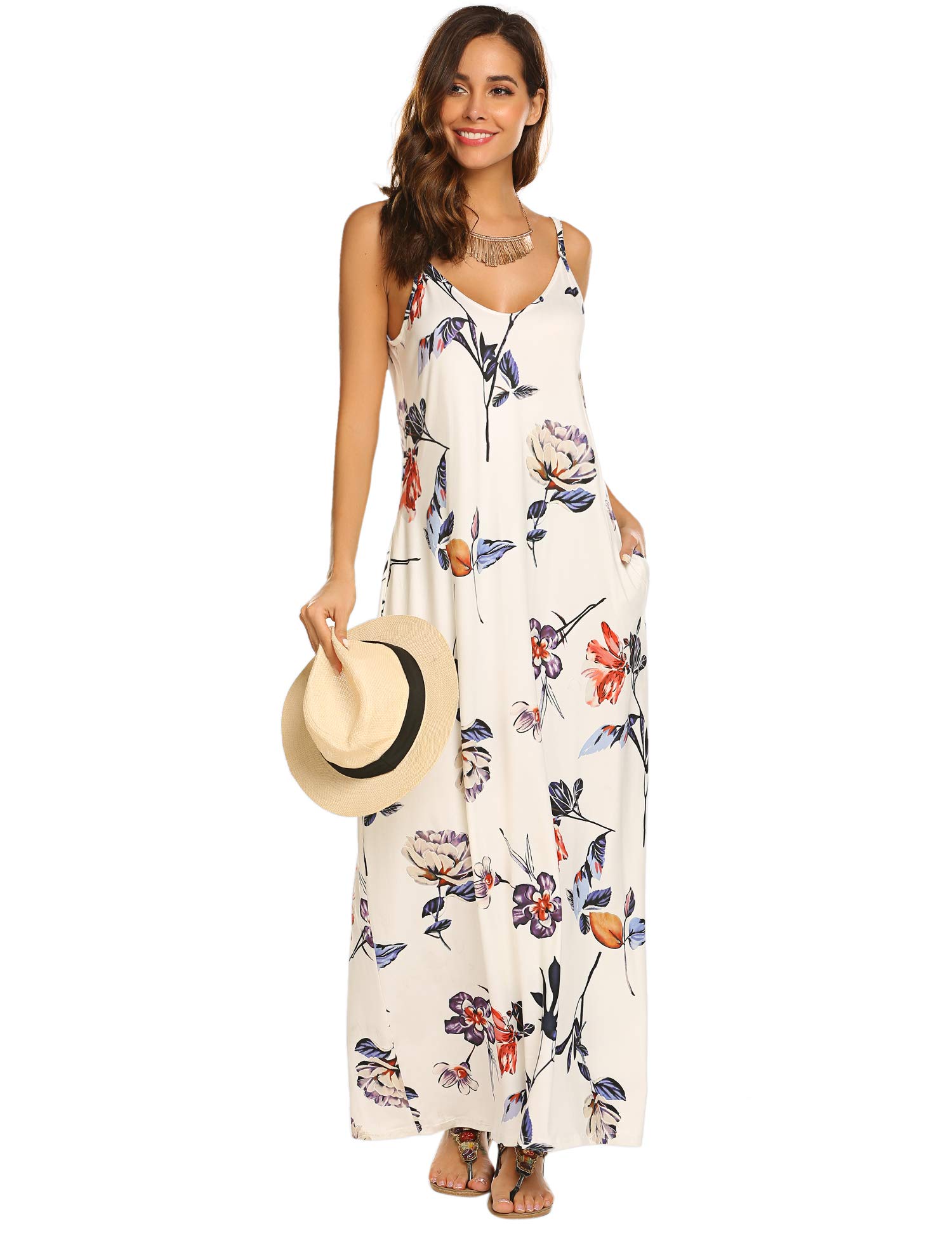 Supnier Women's Summer Maxi Dress - Casual V-Neck Sleeveless Bohemian Floral Long Dress with Pockets | Perfect for Beach Vacation, Music Festival & Boho Chic Outfits