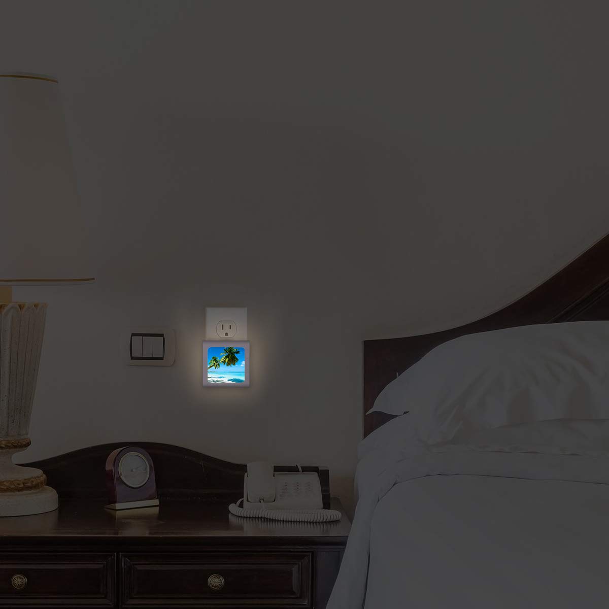 Dimmable LED Night Light with Auto On/Off Sensor, Adjustable Brightness & Warm White Light - Perfect for Bathroom, Hallway, Nursery, Bedroom - Creates Relaxing Beach Ambiance with Palm Tree Design