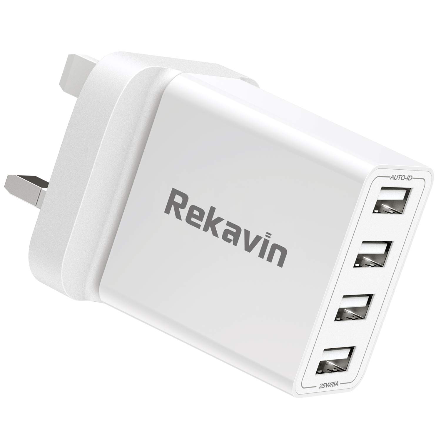 Rekavin 4-Port UK USB Wall Charger (5A Fast Charging) - Multi Port Power Adapter for iPhone 16/15/14/13/12/11 Pro Max/XS/XR/X/8/7/6/SE, Samsung Galaxy, iPad - Perfect for Home, Office & Travel Charging Needs