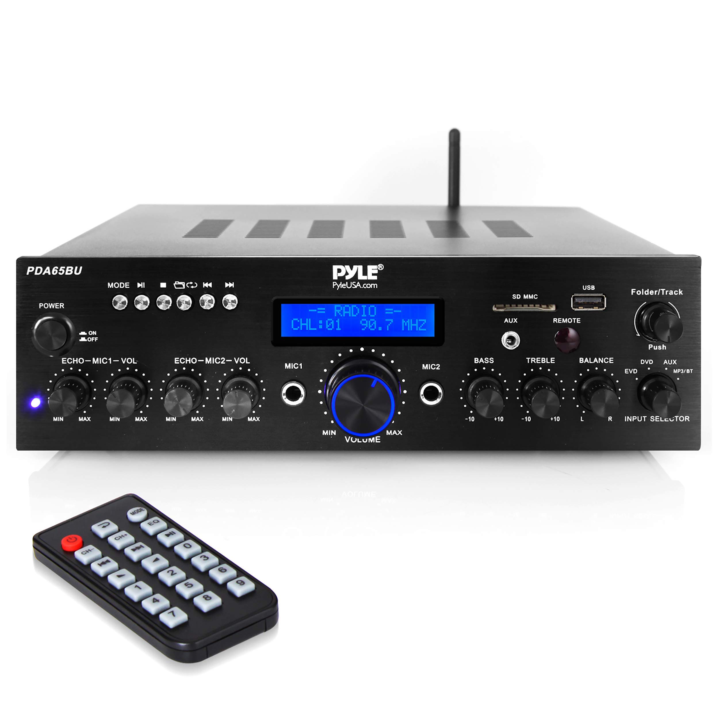 Pyle Wireless Bluetooth Power Amplifier System - 200W Dual Channel Stereo Receiver with USB, AUX, MIC Input & Echo, FM Radio - Home Theater & Studio Audio Amplifier for Parties, Karaoke, DJ Setup - Black (PDA65BU)