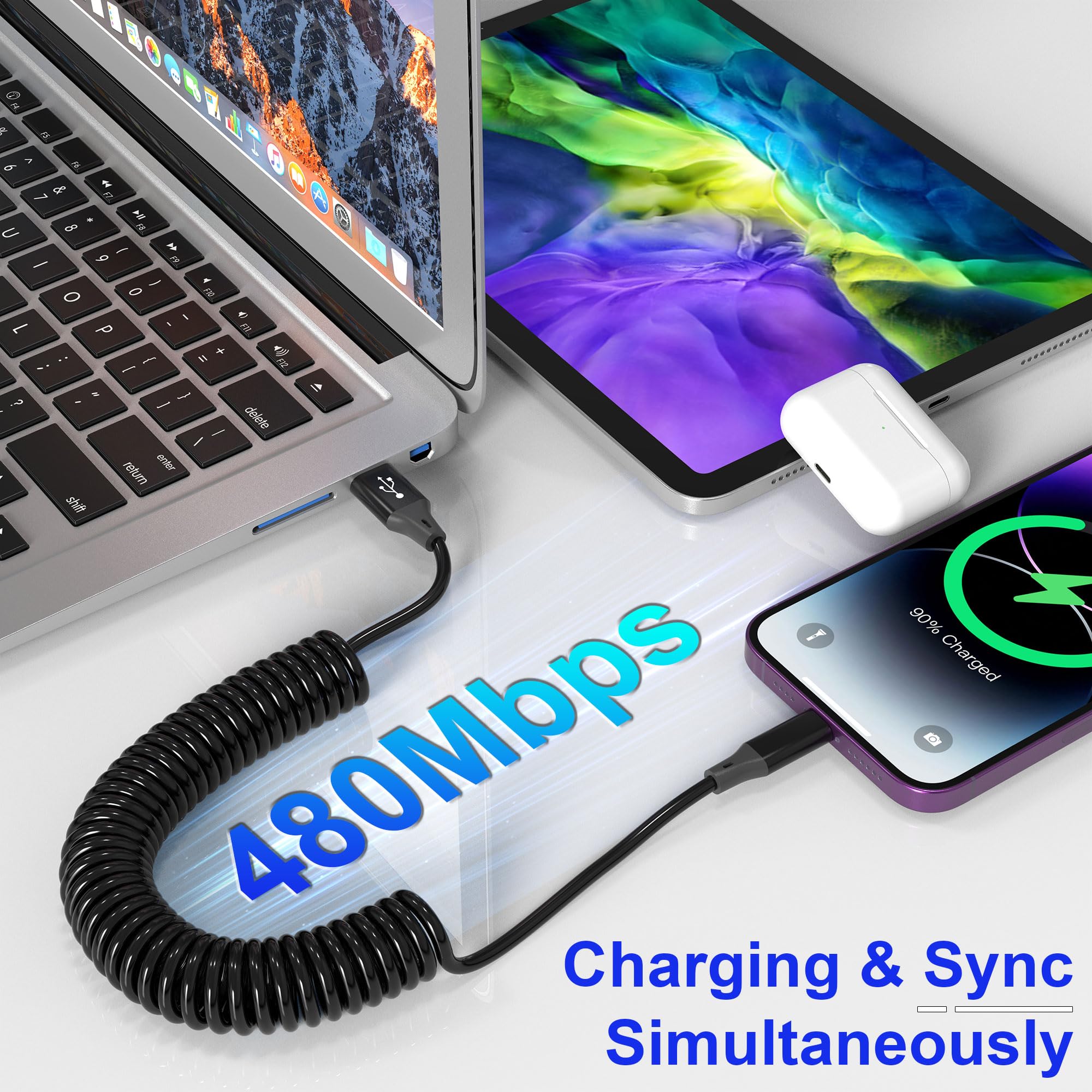 MFi Certified Coiled Lightning Cable - Retractable Short Charging Cord with Fast Data Sync for iPhone, iPad, iPod | Perfect for Apple CarPlay & Travel Charging