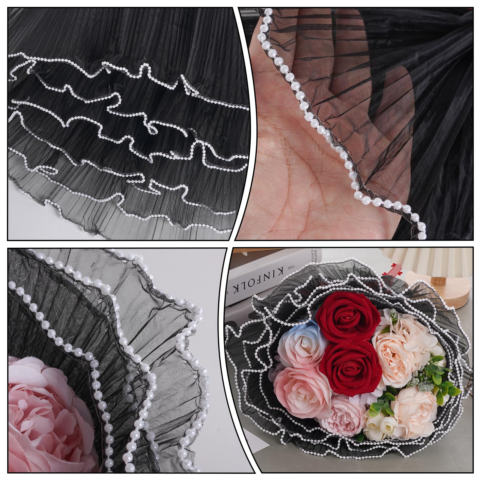 4.37 Yard Floral Wrapping Mesh Paper with Pearl Edge - Translucent Crinkle Bouquet Packaging for Wedding, Mother's Day & Valentine's Day Gifts - DIY Flower Arrangement, Florist Supplies, Gift Wrapping Decor