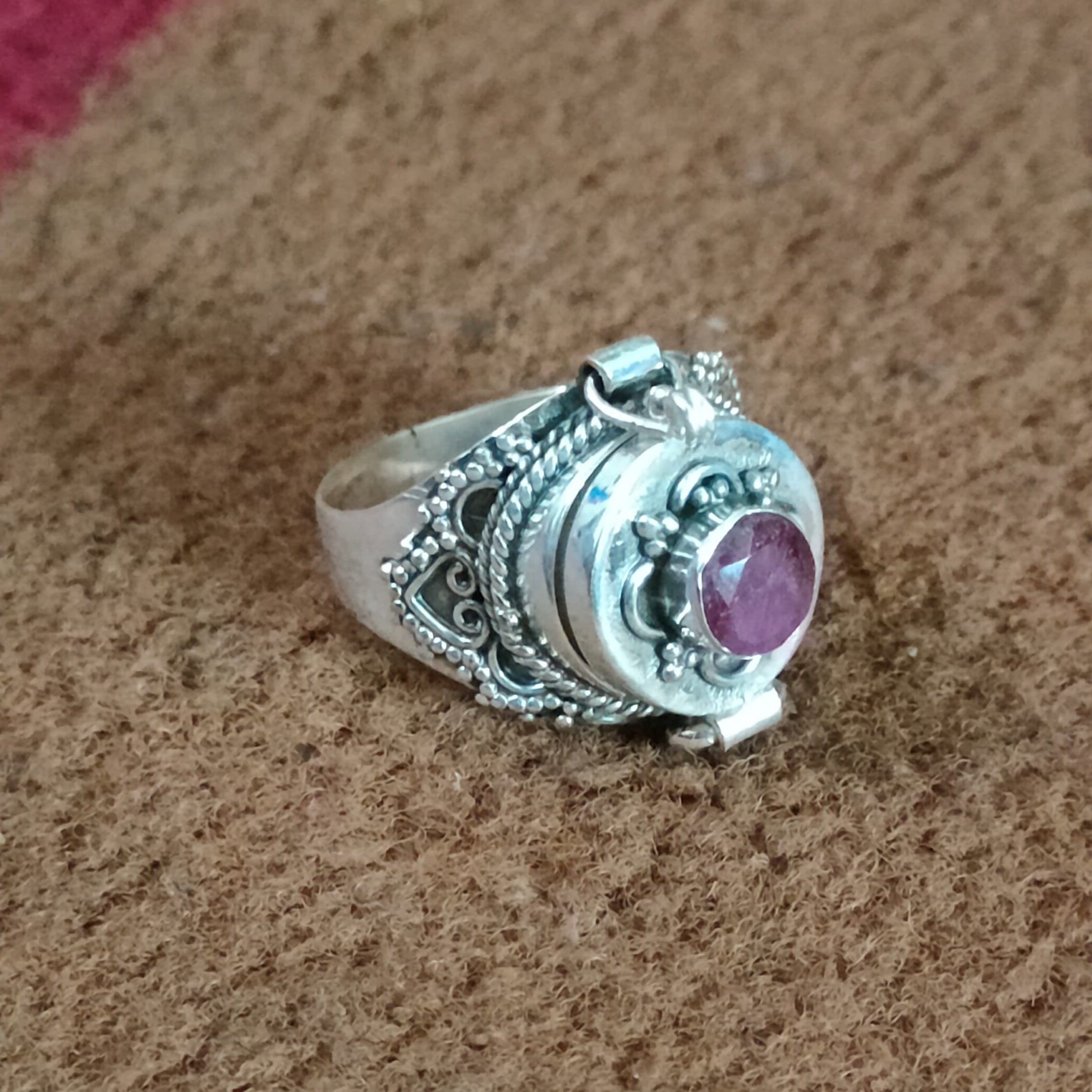 925 Sterling Silver Ruby Ring - Handmade Statement Jewelry for Women, Poison Box Locket Ring with Red Gemstone | Trendy Gift for Valentine's Day, Anniversary & Special Occasions