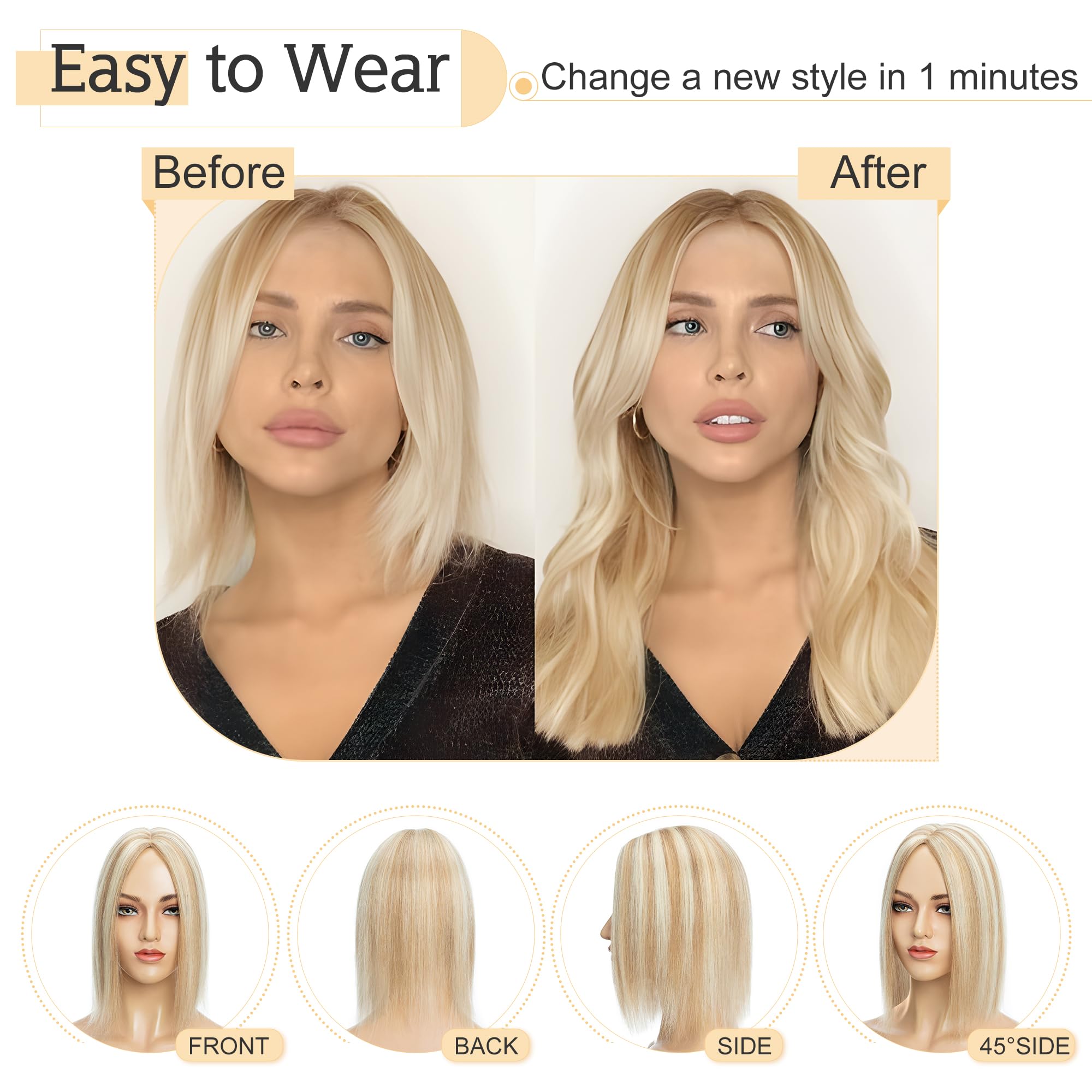 SEGO 100% Real Human Hair Toppers for Women with Thinning Hair - 7x13cm Silk Base Clip-in Top Wiglet - 6 Inch No Bangs (Golden Brown & Bleach Blonde) - Perfect for Daily Wear, Parties & Special Occasions