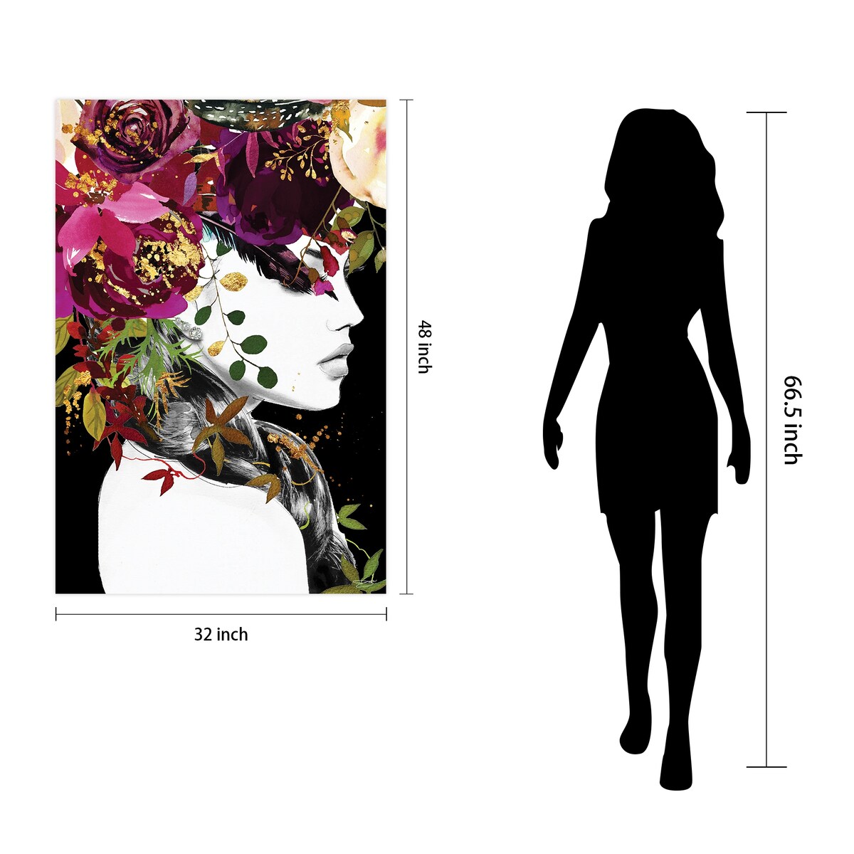 Floating Glass Wall Art 24x24 Inch - Frameless Tempered Glass Panel with Floral & Female Silhouette Design - Modern Home Decor for Living Room, Bedroom, Office