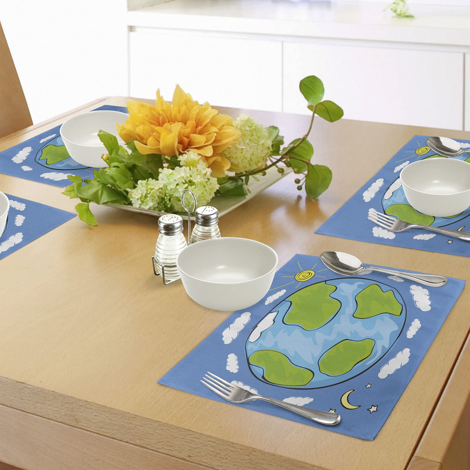 Ambesonne Earth Place Mats Set of 4 - Washable Fabric Placemats with Planet Earth and Clouds Design for Dining Table Decor in Blue, Green & White | Perfect for Kitchen, Home Decor, and Eco-Friendly Gifts