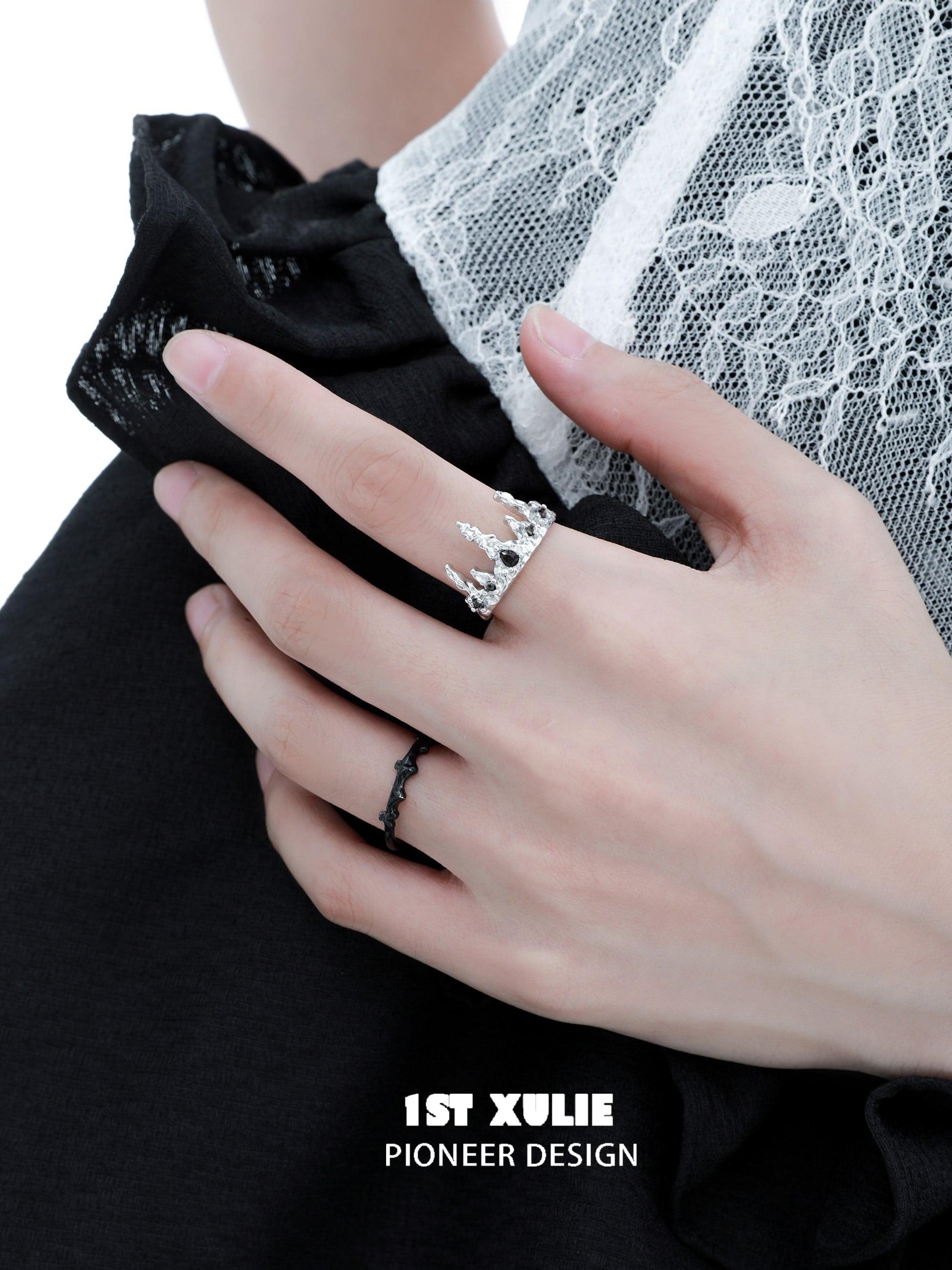 Sterling Silver S925 Detachable Crown Ring - Elegant Black Mirror Finish for Women, Perfect for Parties, Weddings & Special Occasions