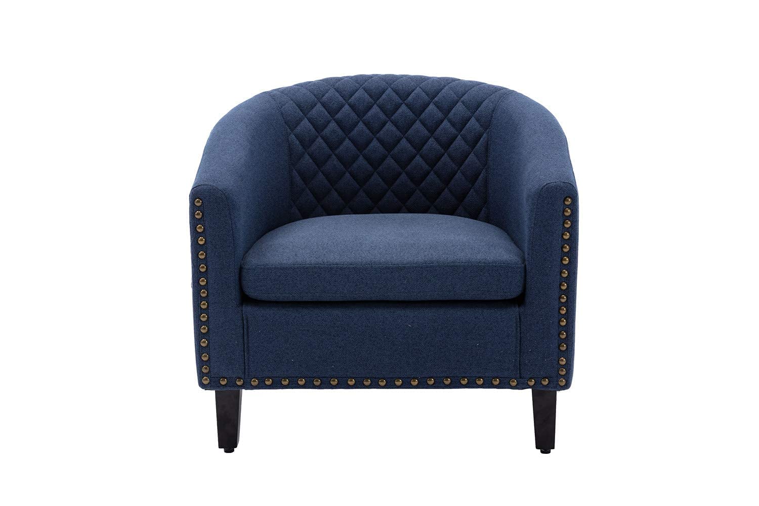 Modern Mid-Century Accent Barrel Chair with Nailhead Trim & Solid Wood Legs - Navy Linen Fabric Armchair for Living Room, Bedroom, Office - Comfortable Lounge Chair for Relaxing, Reading & Entertaining