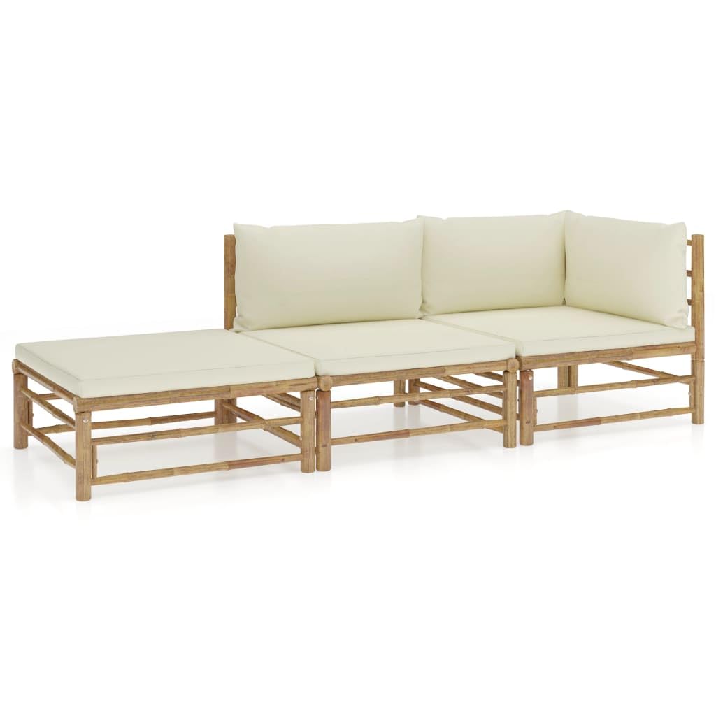 vidaXL 3-Piece Bamboo Patio Lounge Set with Cream White Cushions - Modular Outdoor Sofa, Corner Sectional & Footstool - Perfect for Poolside, Garden or Backyard Relaxation