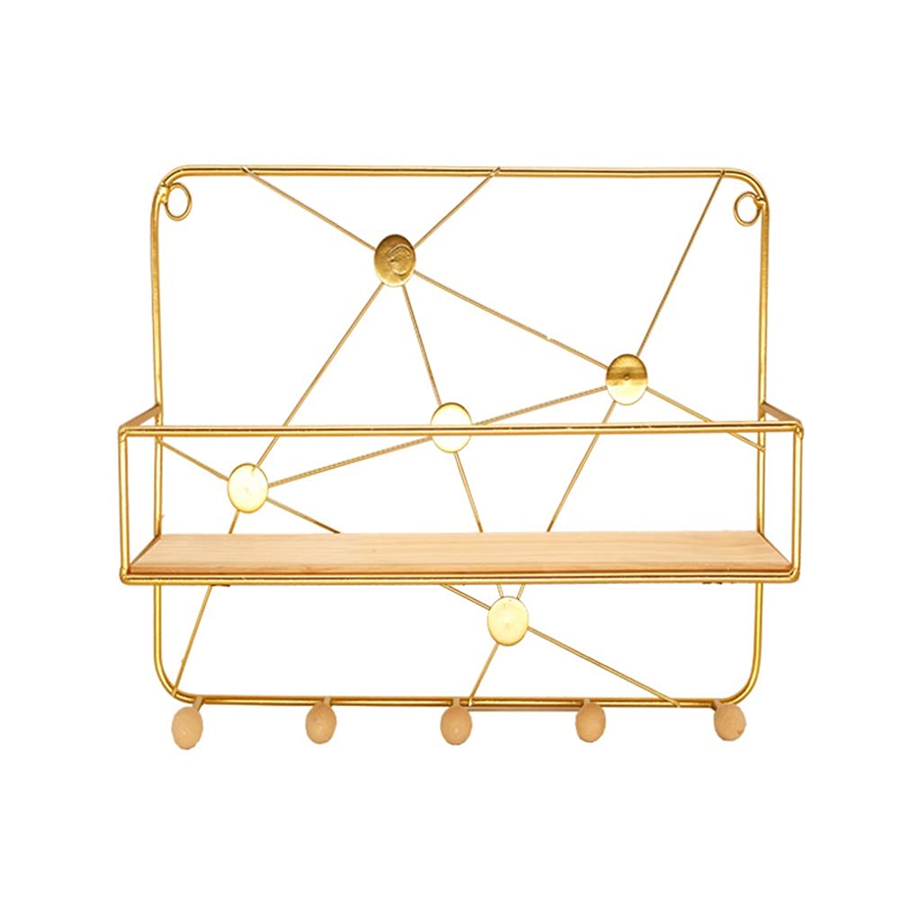 Floating Bathroom Shelf - No Drill Iron Grid Wall Mounted Shelf with 5 Hooks | Decorative Storage Rack for Bathroom, Living Room & Bedroom | Perfect for Organizing Towels, Toiletries & Decor