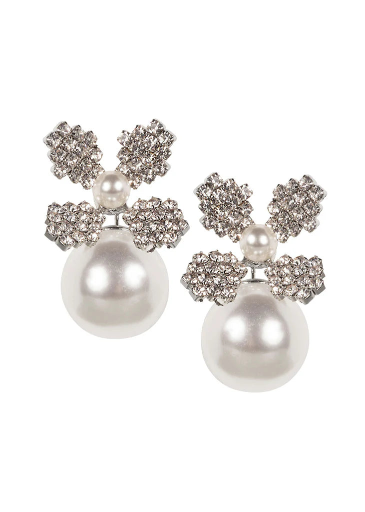 Elizabeth Bower June Duet Pearl & Crystal Stud Earrings - Rhodium Plated Sterling Silver - Perfect for Weddings, Parties & Special Occasions