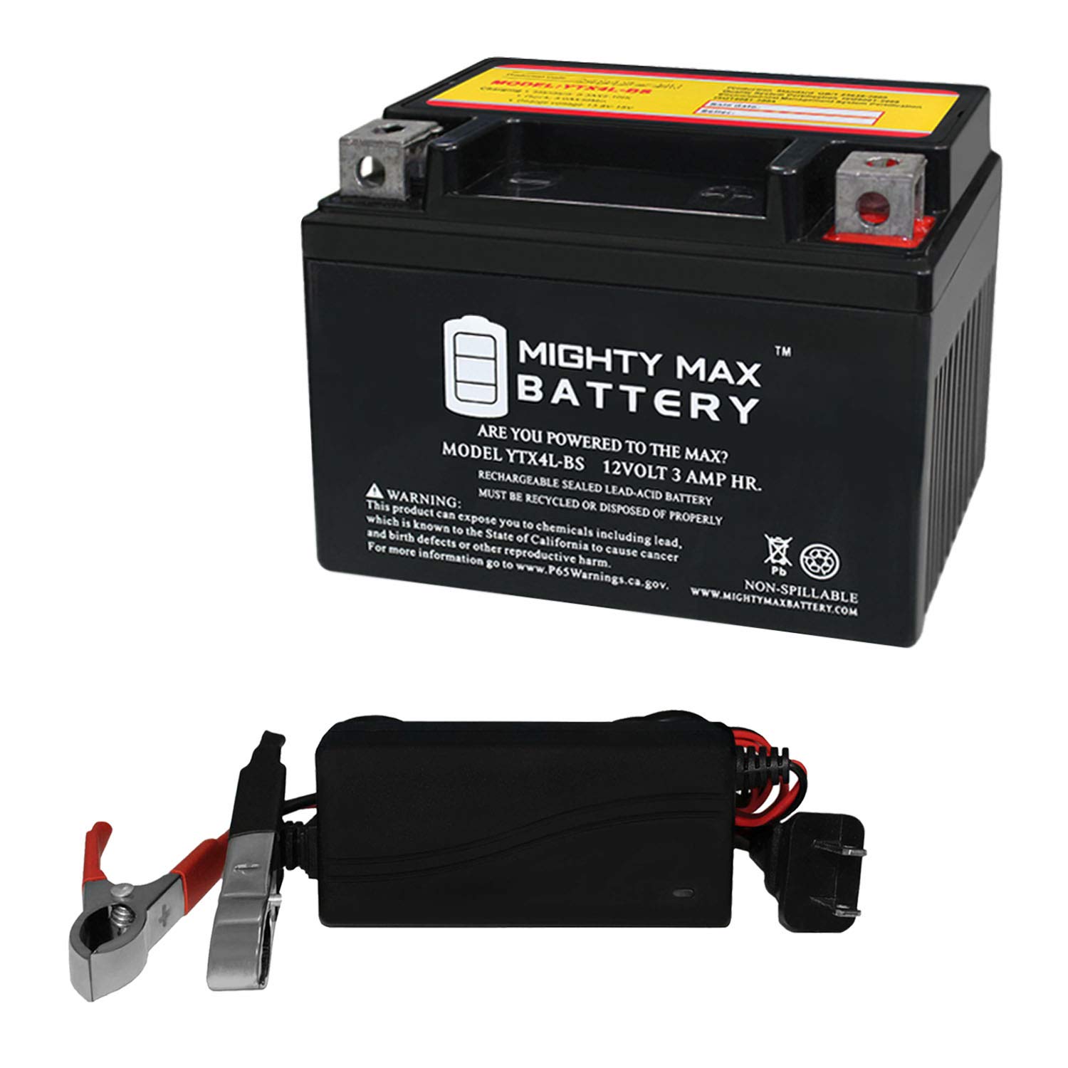 Mighty Max YTX4L-BS 12V Battery with 1A Charger - Compatible with ETon, Kasea, Qianjiang Scooters & ATVs - Perfect for Replacement & Maintenance