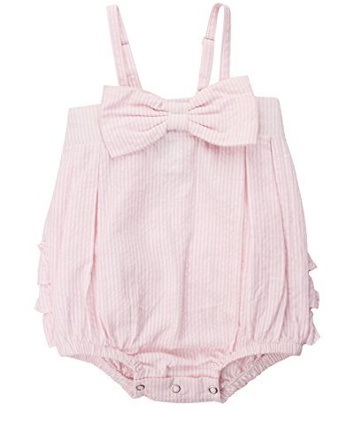 RuffleButts® Baby & Toddler Girls Light Wash Denim Bow-Front Bubble Romper - Cute Outfit for Playdates, Photo Shoots & Special Occasions