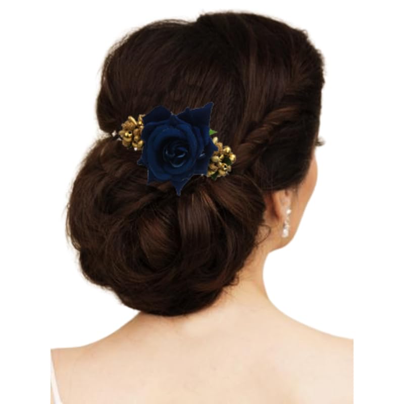 Rose Comb Slide Hair Pin for Women - Blue Hair Accessories for Bun & Updo Hairstyles - Pack of 1 | Perfect for Weddings, Parties & Special Occasions