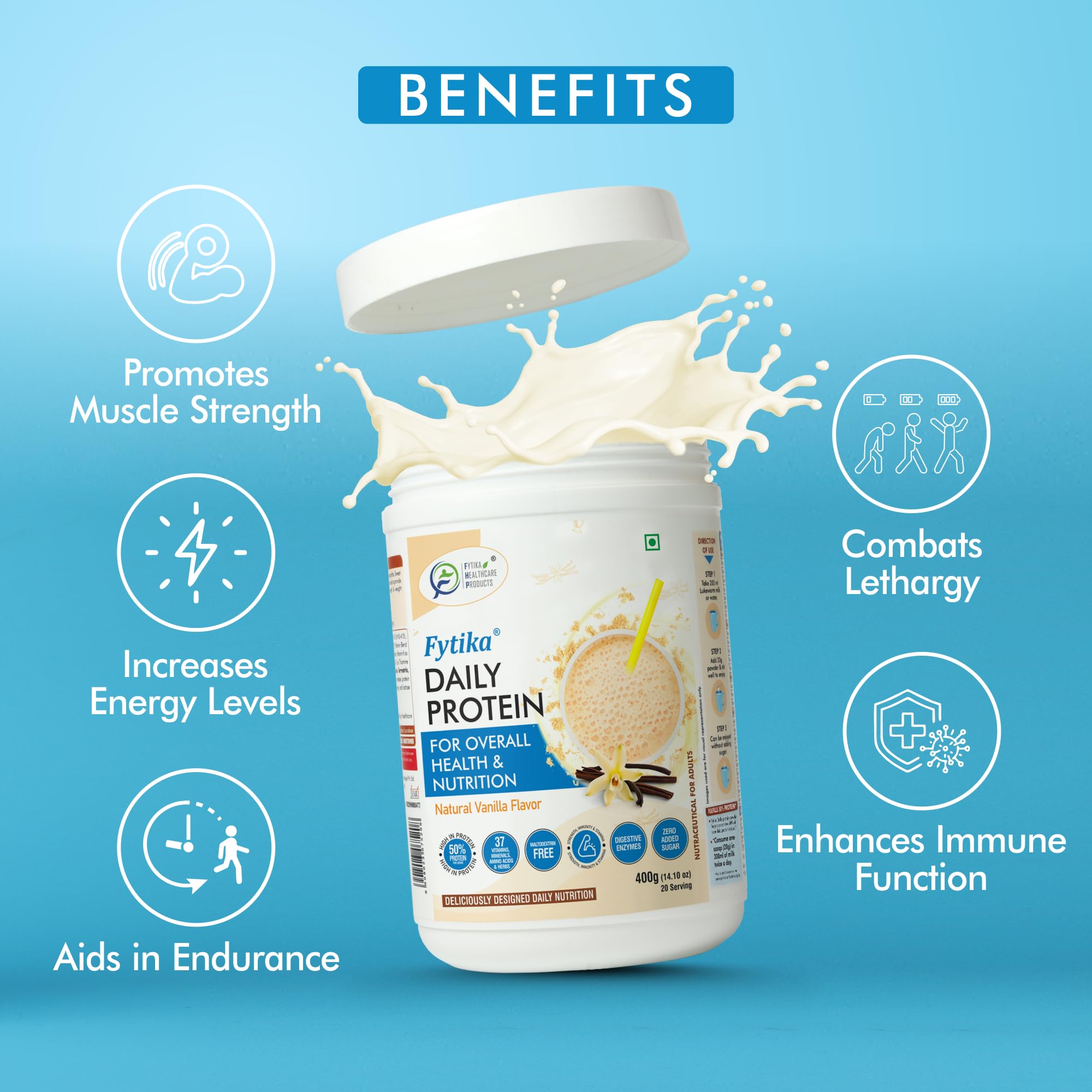 FYTIKA Daily Protein Powder for Adults - 37 Essential Vitamins & Minerals, 50% Protein Per Serving | High Protein Drink for Women & Men | Vanilla Flavor, 400g (Pack of 1) | Perfect for Post-Workout Recovery & Healthy Lifestyle