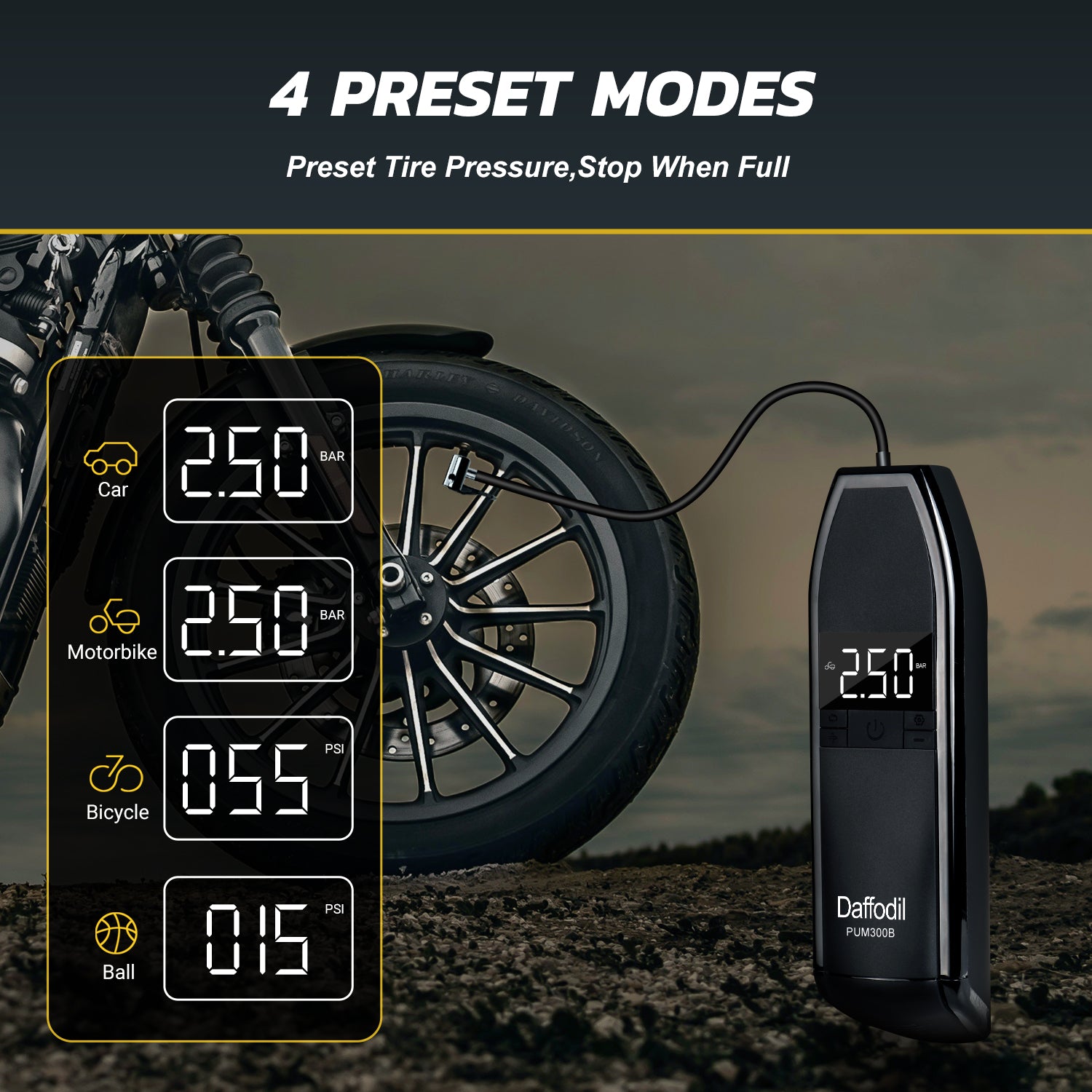 Portable Air Compressor - Rechargeable Automatic Tire Pump for Cars, Bikes & Inflatables - PUM300 - Perfect for Road Trips, Camping & Emergency Use