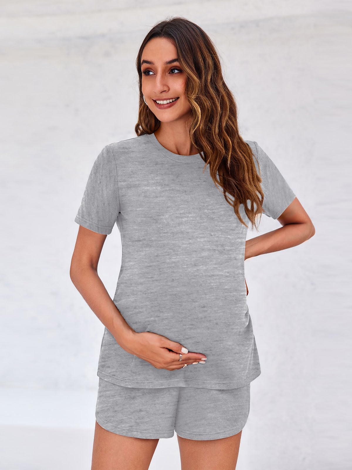 OneDreamer Women's Maternity Pajama Set - 2 Piece Pregnancy Lounge Outfit with Short Sleeve Top & Shorts - Comfortable Mama Clothes for Sleeping, Nursing & Relaxing at Home
