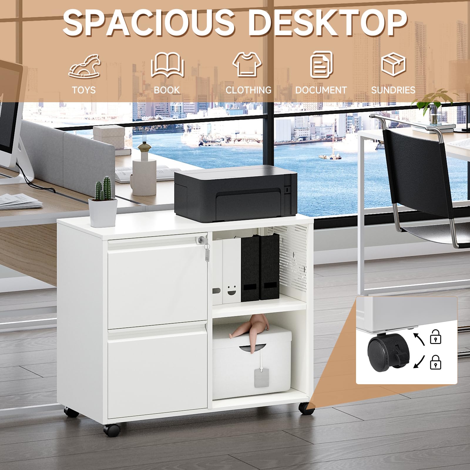 2-Drawer Mobile File Cabinet with Lock - Adjustable Shelves for Letter, A4 & Legal Size - White Lateral Filing Cabinet for Home Office Organization | Perfect for Document Storage & Workspace Organization