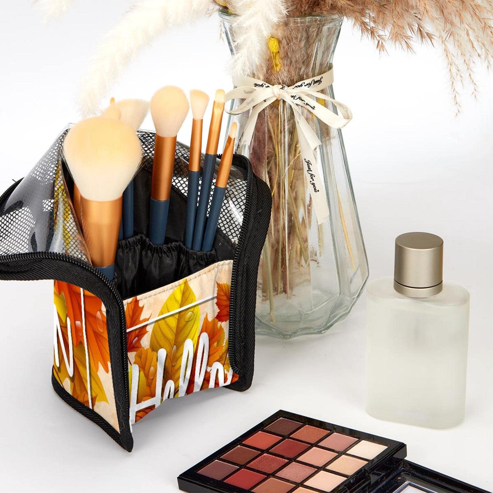 12-Piece Makeup Brush Organizer Bag with Hello Autumn Leaves Design - Portable Makeup Brush Holder Case for Travel & Home Storage | Perfect for Makeup Artists & Beauty Enthusiasts