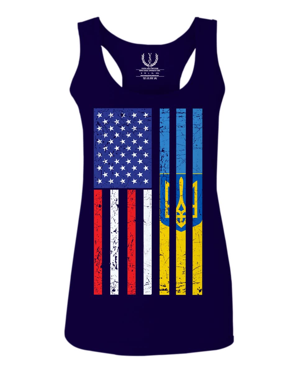Vintage American & Ukrainian Flag Women's Racerback Tank Top - I Stand With Ukraine Peace Protest - Navy Blue XS - Casual Wear & Protest Support