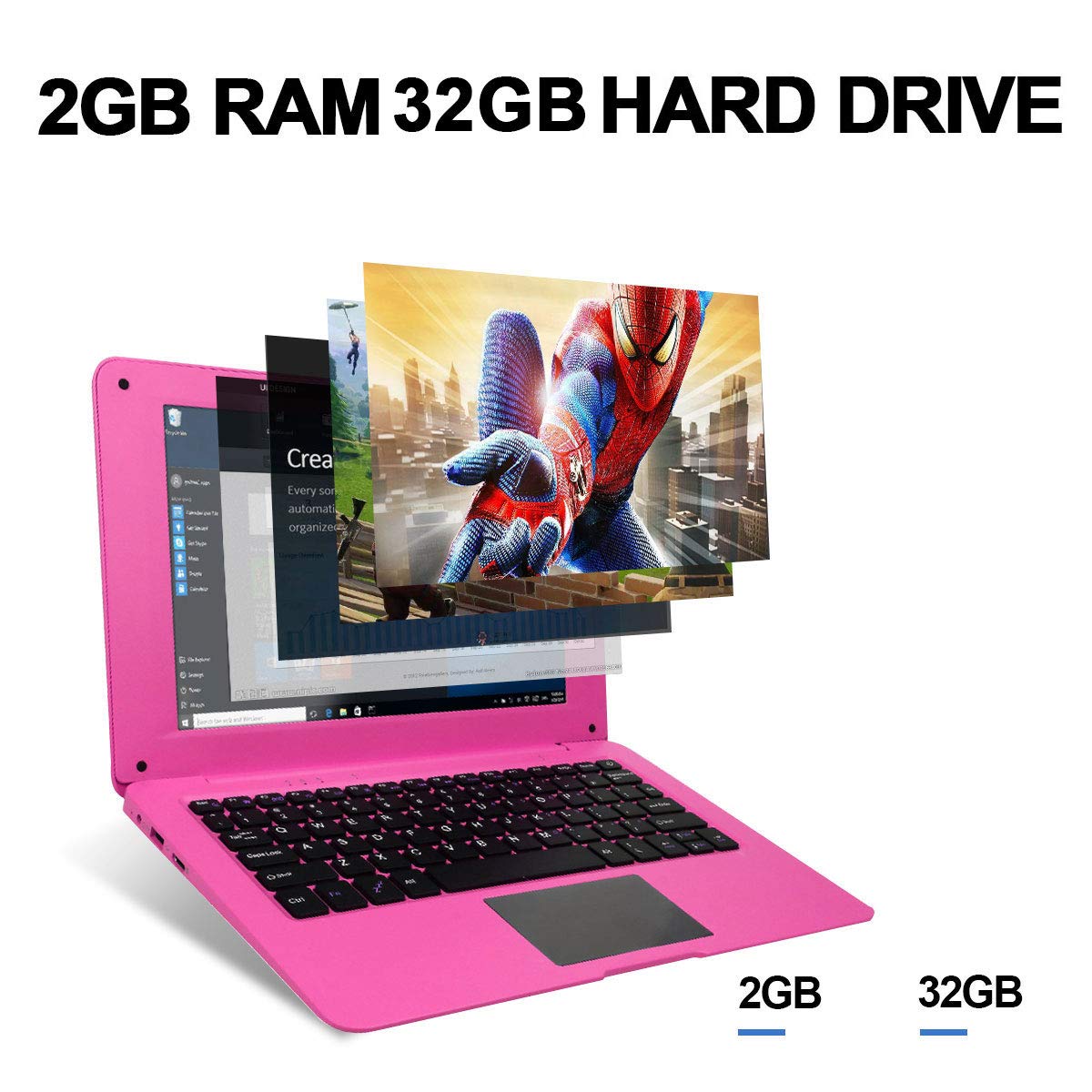 10.1 Inch Ultra Thin Laptop - Windows 10 Quad Core Notebook with HD IPS Display, 2GB RAM 32GB Storage, 1.92GHz Processor, WiFi Bluetooth HDMI - Portable Lightweight Computer for Students, Business & Travel (Pink)