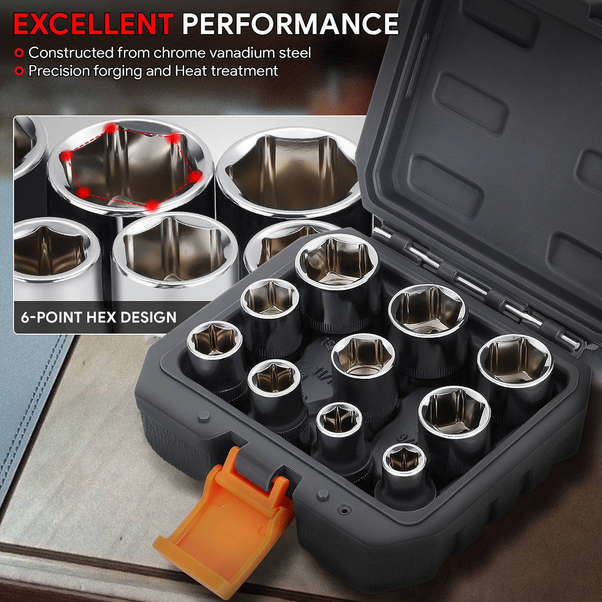 10-Piece 1/2-Inch Drive SAE Impact Socket Set - Professional Grade Chrome Vanadium Steel Sockets for Automotive Repair & Mechanical Work