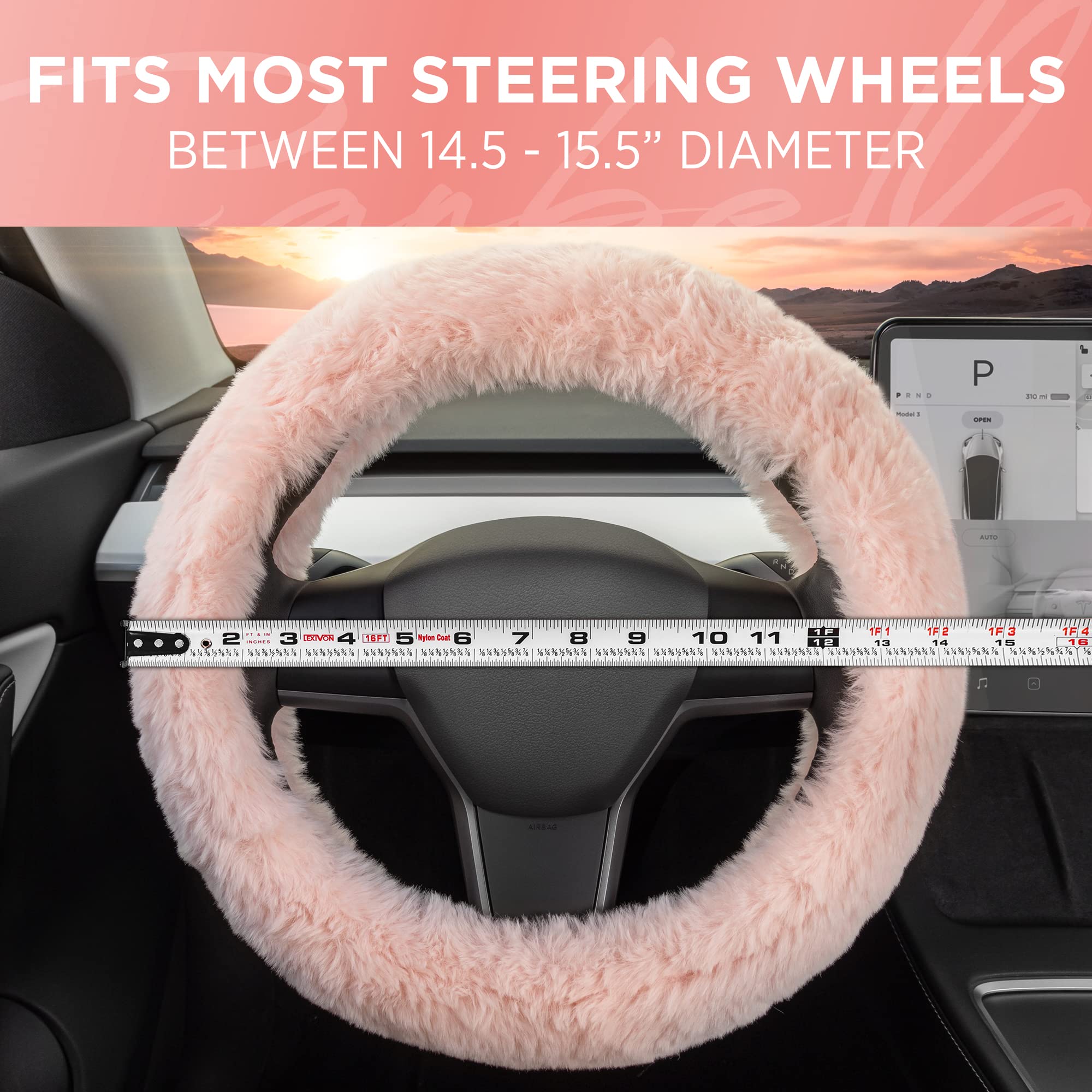 Soft Pink Fuzzy Steering Wheel Cover - Standard 15 Inch Universal Fit for Most Cars, Cute Faux Fur Steering Wheel Protector with Plush Fluffy Touch - Perfect Car Accessory for Women - Great for Winter Driving & Stylish Interior Upgrade