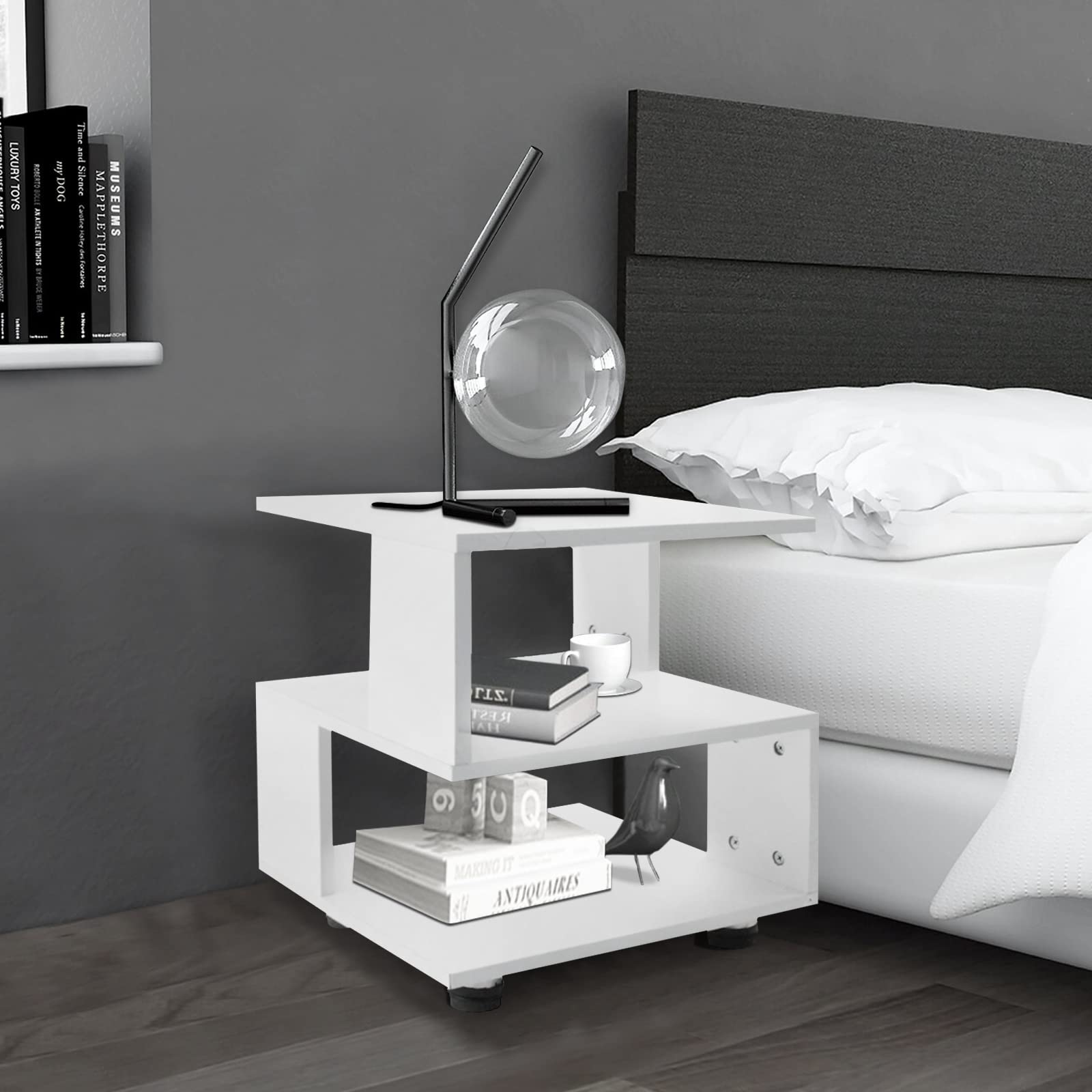 Modern White Nightstand with 2-Tier Rectangular Hollow Design - MASAKA B&W Magic Cube Bedside Table for Contemporary Bedrooms - Irregular Shape Fashionable Night Stand for Living Room, Bedroom, or Office