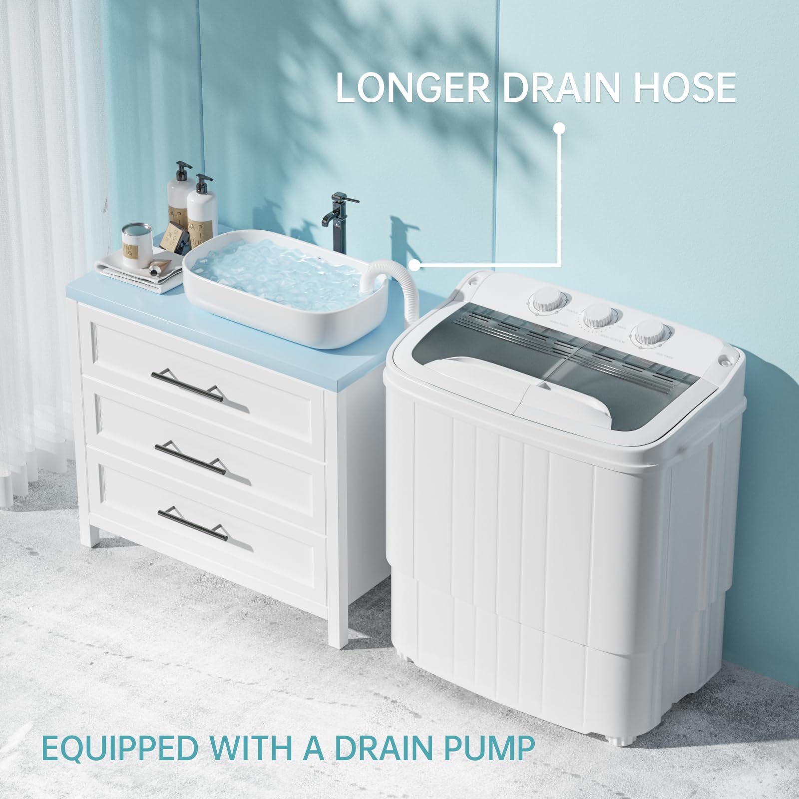 INTERGREAT Portable Washing Machine with Extended Hose - 16lbs Twin Tub Compact Washer & Dryer Combo with Drain Pump - Perfect for Dorms, Apartments, RVs & Small Spaces - Grey (Ideal for Laundry in Tight Areas & Travel)