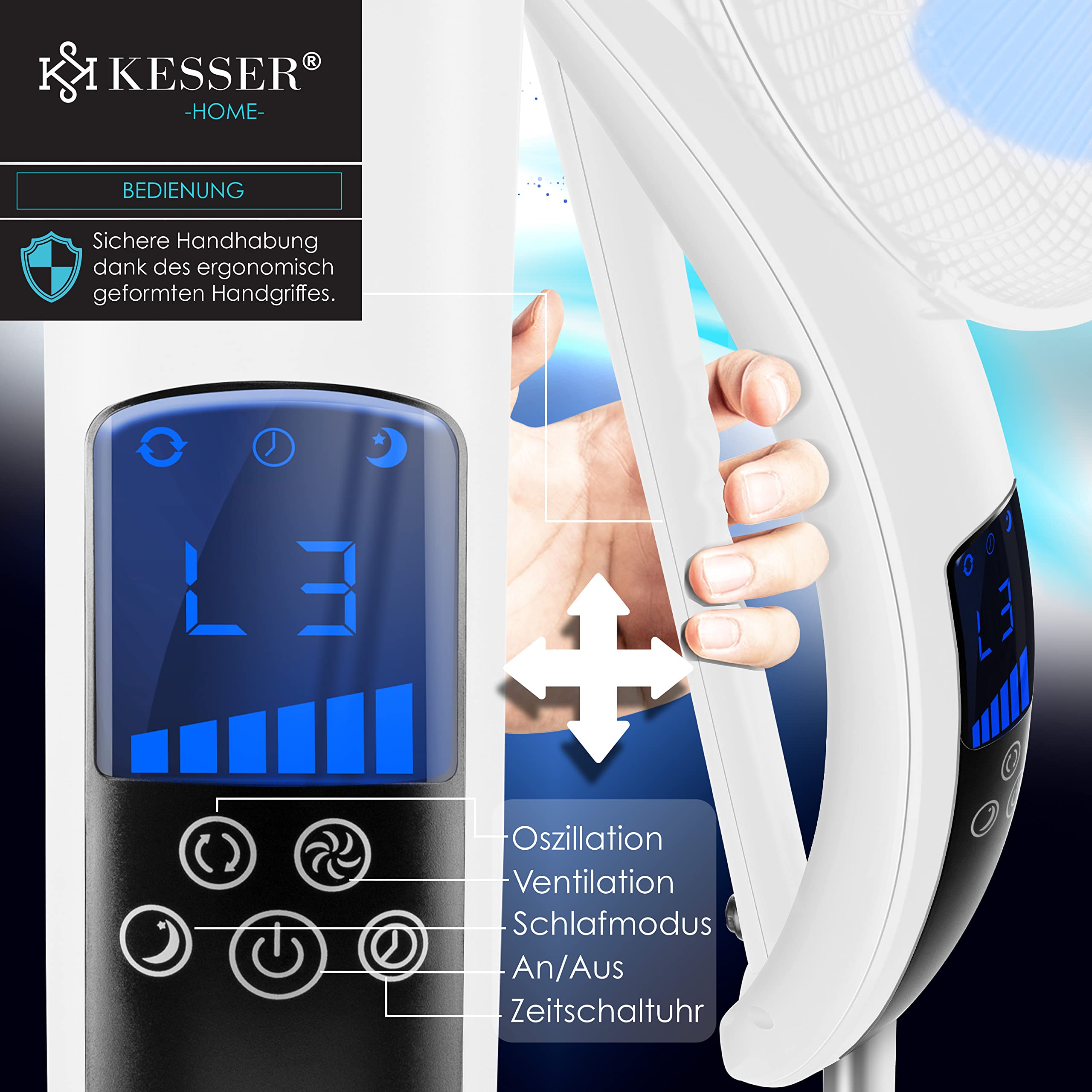 KESSER® 50W Remote Control Floor Fan with Timer, 3 Speed Levels, 80° Oscillation, Height & Tilt Adjustable Stand - Perfect for Home, Office & Bedroom Cooling