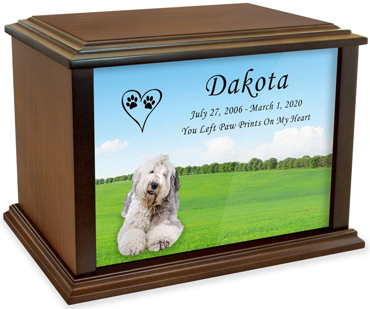 Personalized Old English Sheepdog Pet Memorial Urn - Custom Engraved Wooden Pet Cremation Urn for Ashes - Large Size Holds Up to 225lbs - Perfect for Home Memorials & Pet Loss Remembrance Ceremonies