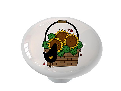 Sunflower Basket with Crow Ceramic Drawer Knob - Vintage Farmhouse Decor for Kitchen Cabinets & Dressers - Perfect for Boho Home & Cottagecore Aesthetic