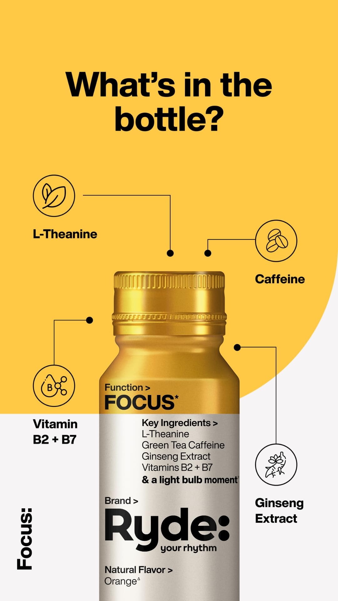 Ryde Focus Shot Energy Drink - Orange Flavor with L-Theanine, Ginseng & Green Tea Caffeine | Zero Sugar, Zero Calories | Vitamin B2 & B7 Supplement | 2oz Shots (24 Pack) | Supports Mental Focus & Clarity - Perfect for Workouts, Study Sessions and Long Workdays