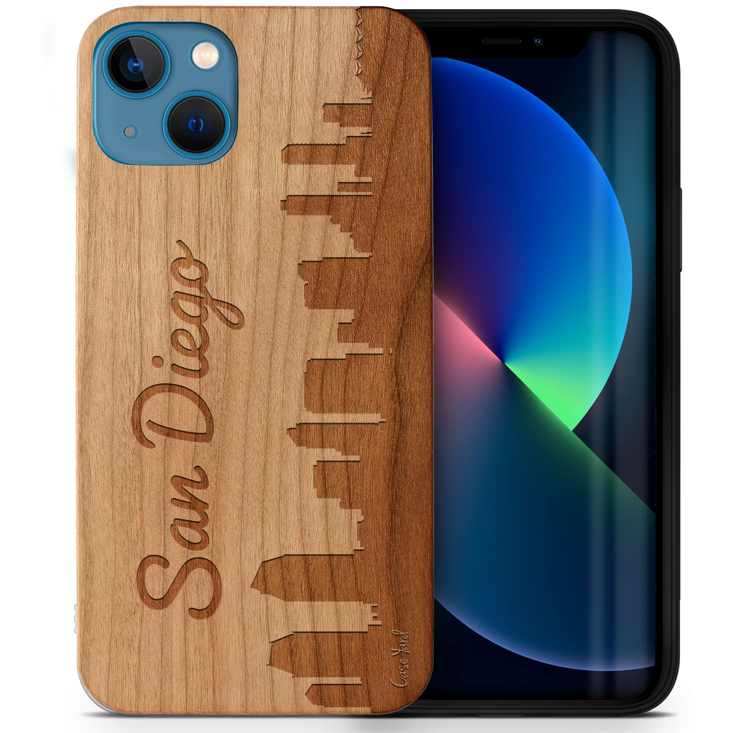 Wooden iPhone 13 Pro Case - Laser Engraved San Diego Skyline Design | Shockproof Slim Fit Protective Cover for Men & Women | Perfect for Outdoor Adventures & Daily Use