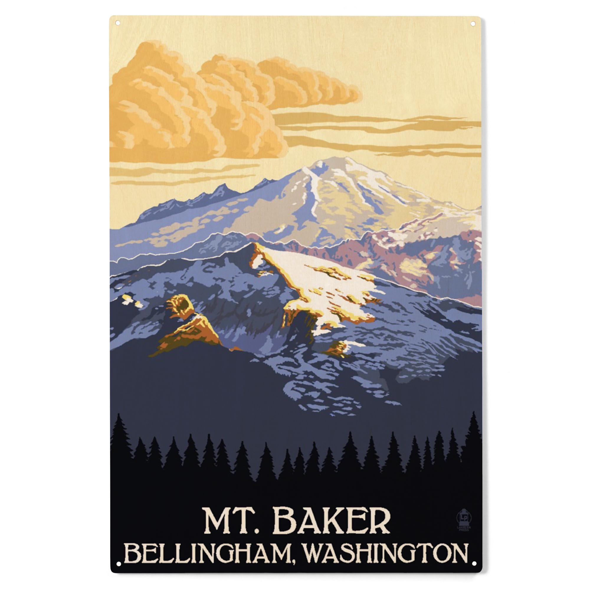 Lantern Press 10x15 Inch Wooden Wall Sign - Ready to Hang Home Decor Featuring Mt. Baker with Yellow Clouds Artwork from Bellingham, Washington | Perfect for Living Room, Bedroom or Cabin Decoration