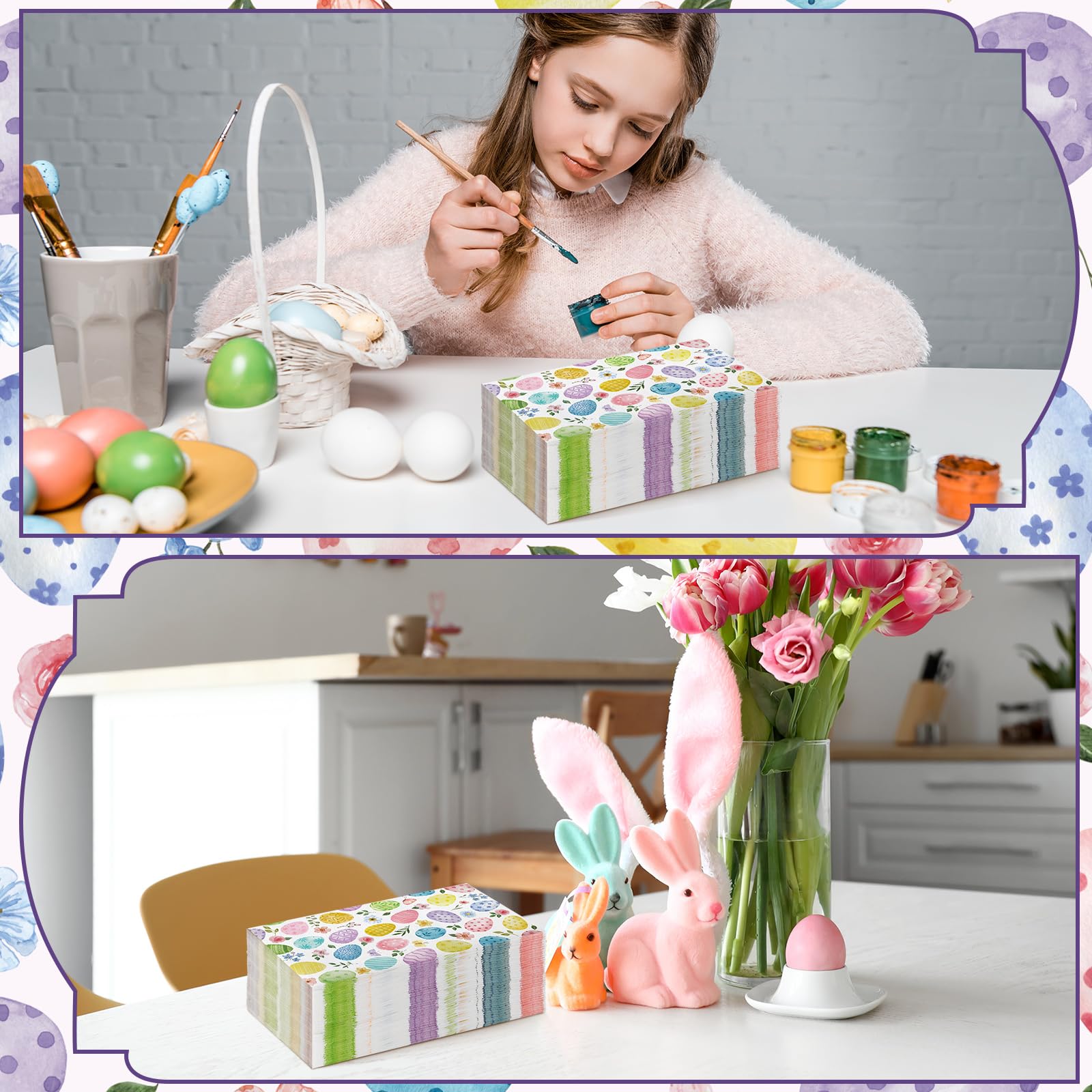 200-Pack Easter Bunny & Floral Disposable Napkins - Bulk Spring Party Paper Hand Towels for Home, Family Dinner, Easter Brunch & Holiday Decorations (Easter Egg Design)