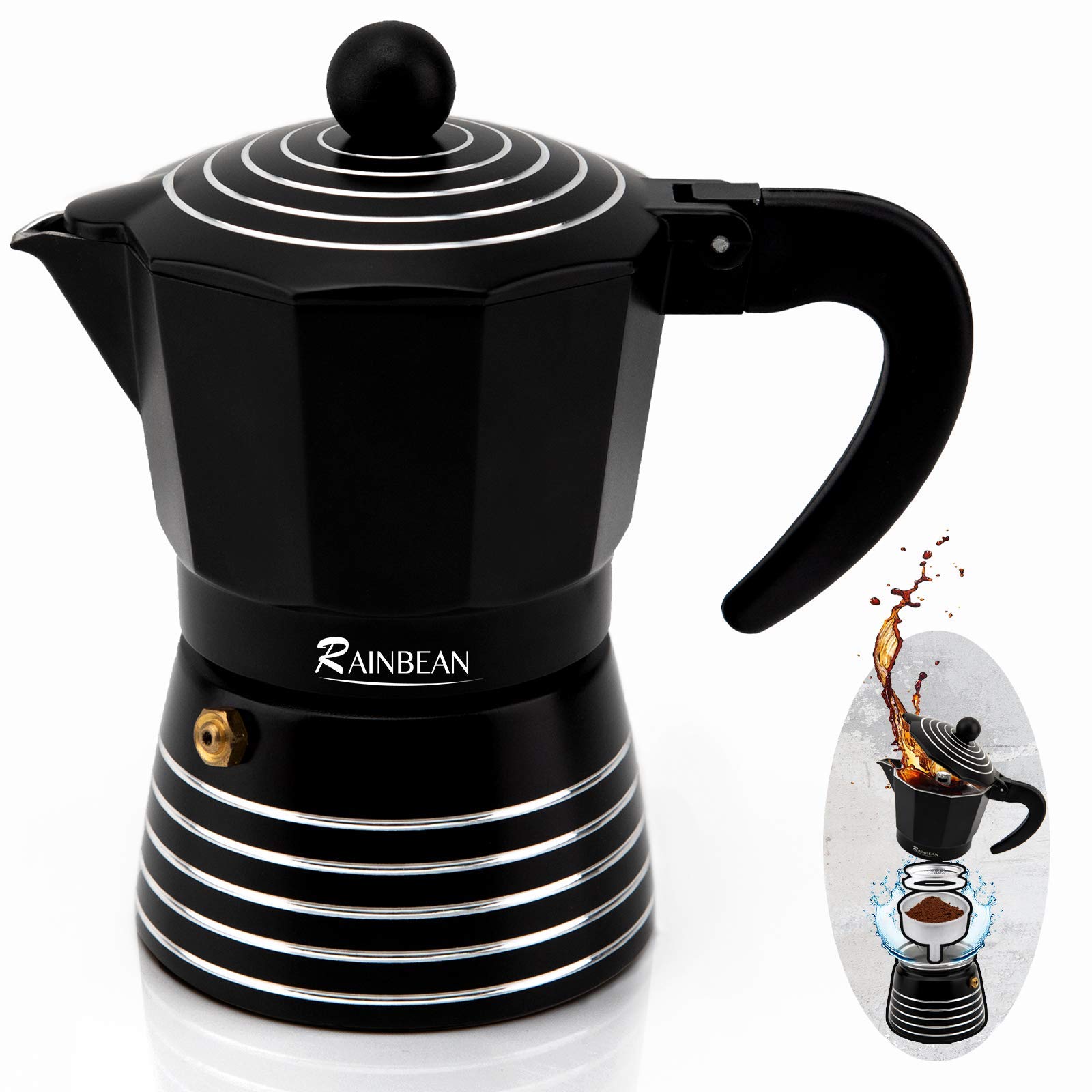 3 Cup Stovetop Espresso Maker - Italian Moka Pot & Cuban Greca Coffee Maker - Durable Aluminum, Easy to Use & Clean (6oz, Black) - Perfect for Home, Office, Camping & Gifts