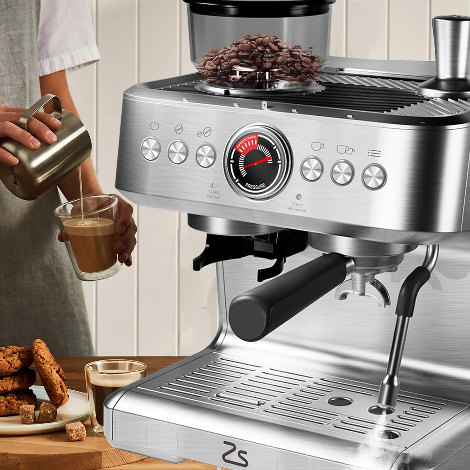 GlowSol 20-Bar Semi Automatic Espresso Machine with Built-in Bean Grinder & Milk Frother, 2.8L Water Tank - Perfect for Home Baristas to Make Latte, Cappuccino and Specialty Coffee Drinks (Ideal for Kitchen, Office or Small Coffee Shop Use)
