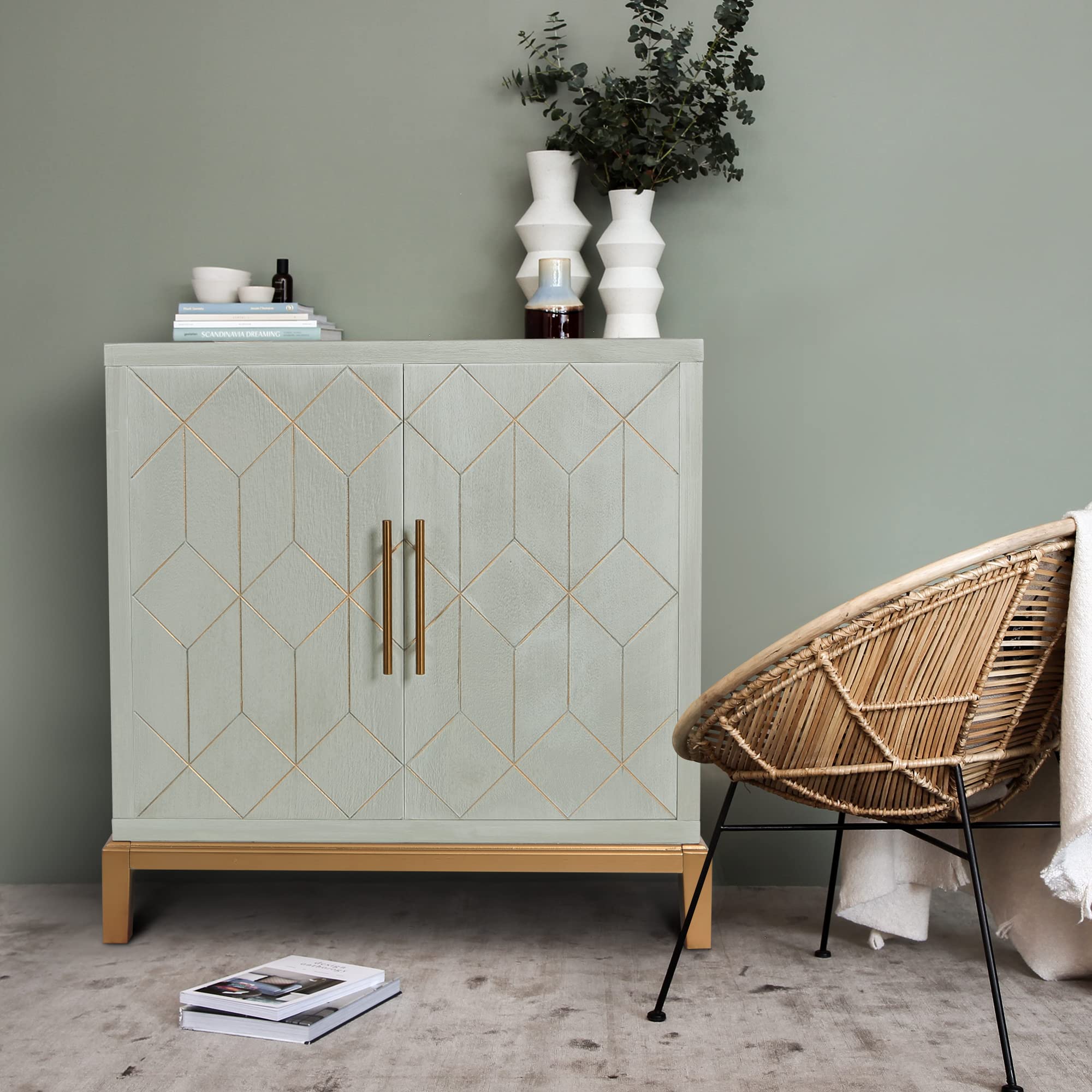 HLR Green Accent Cabinet with Gold Trim - 2 Door Modern Wooden Storage Sideboard for Living Room, Kitchen, Office & Hallway | Perfect for Home Decor, Small Space Organization & Stylish Storage Solutions