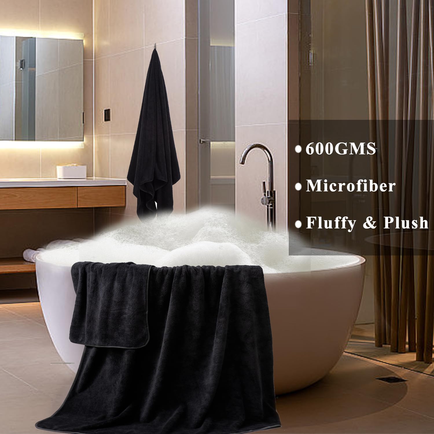 MINCHI 4-Piece Oversized Bath Towel Set - Ultra Soft & Highly Absorbent 600 GSM Bath Sheets (35x70 Inches) for Home, Spa & Hotel Use - Luxury Shower Towels for Bathroom, Pool & Beach - Black