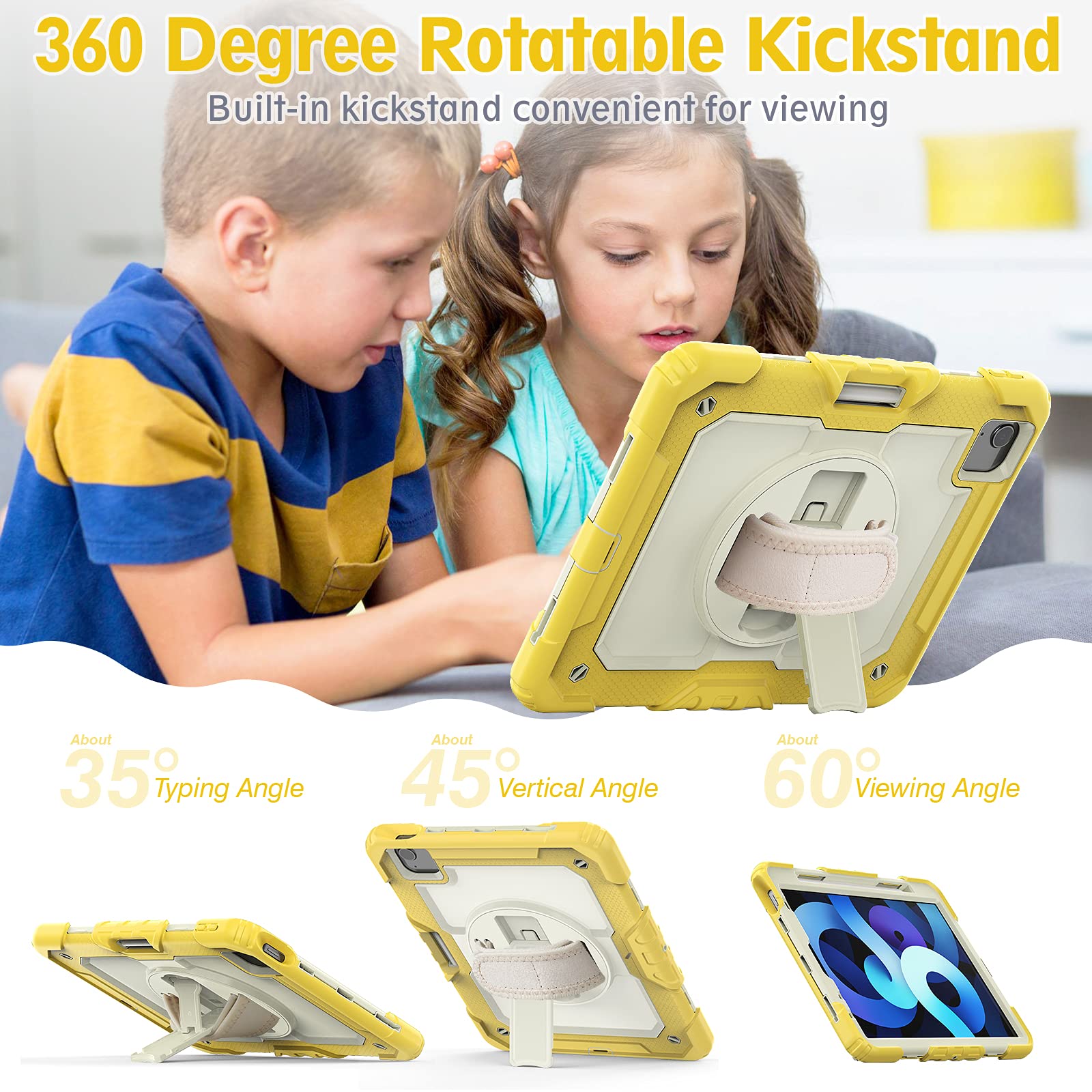 Dteck Shockproof Protective Case for iPad Air 5 (2022)/iPad Air 4 (2020)/iPad Pro 11 Inch with Shoulder Strap, Hand Strap & Pencil Holder - Yellow Kids Stand Cover for School, Travel & Outdoor Use